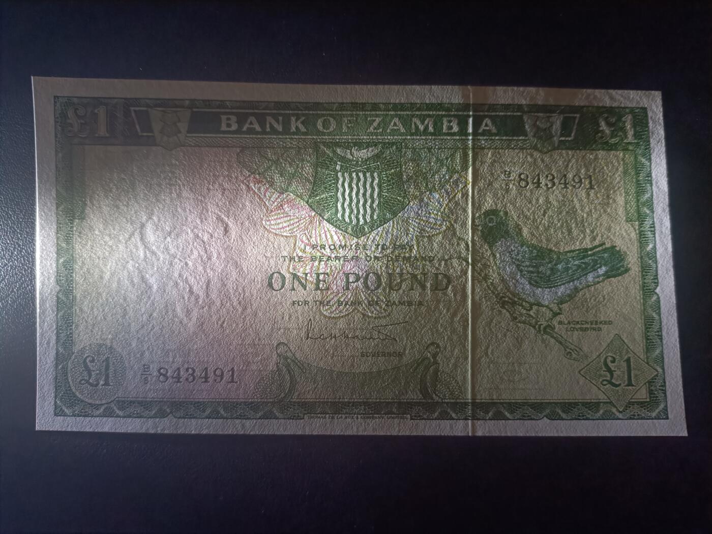 2025十二月第二期，总207期 赞比亚1964版1镑UNC-，黑脸牡丹鹦鹉和工厂，稀有的独立后首版