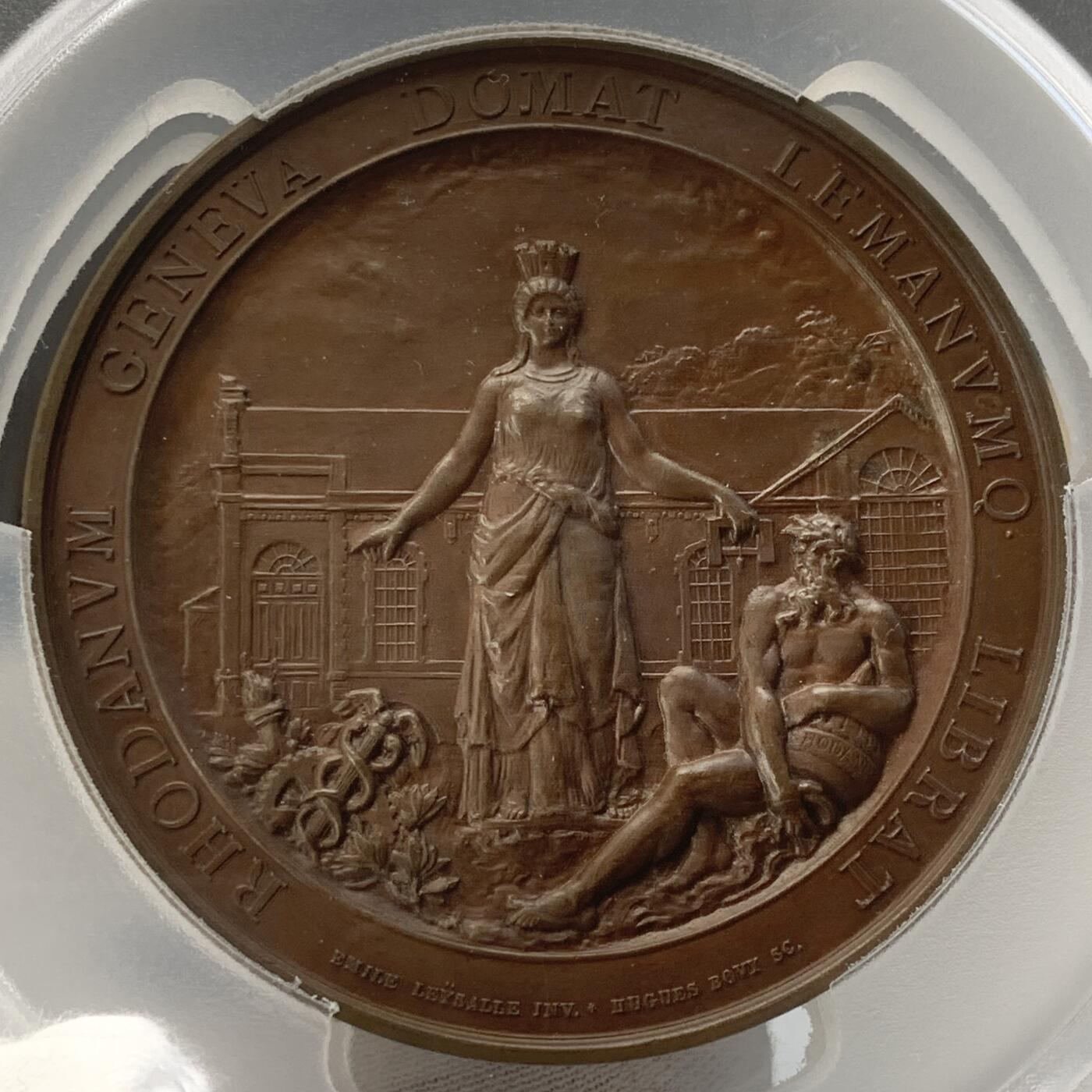 掌中浮雕-藏着的欧洲第045场 PCGS SP64 : 1886瑞士日内瓦库卢夫雷尼耶水电站竣工纪念铜章 , 62mm