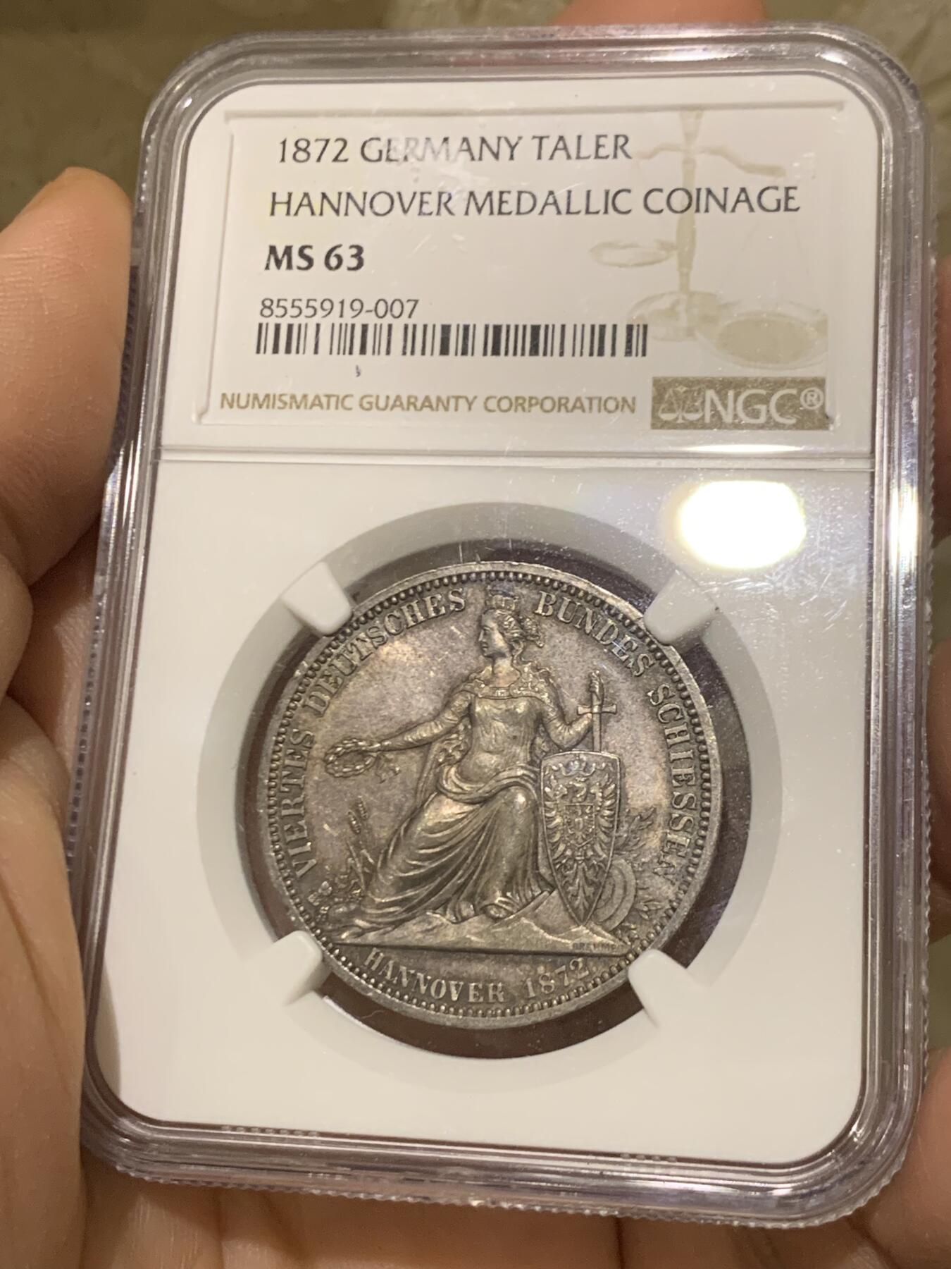 《竞宝斋》第446场 周日，周一，2场连拍 （全场包邮） NGC MS63 德国1872年汉诺威射击节女神泰勒章型银币 状态难得