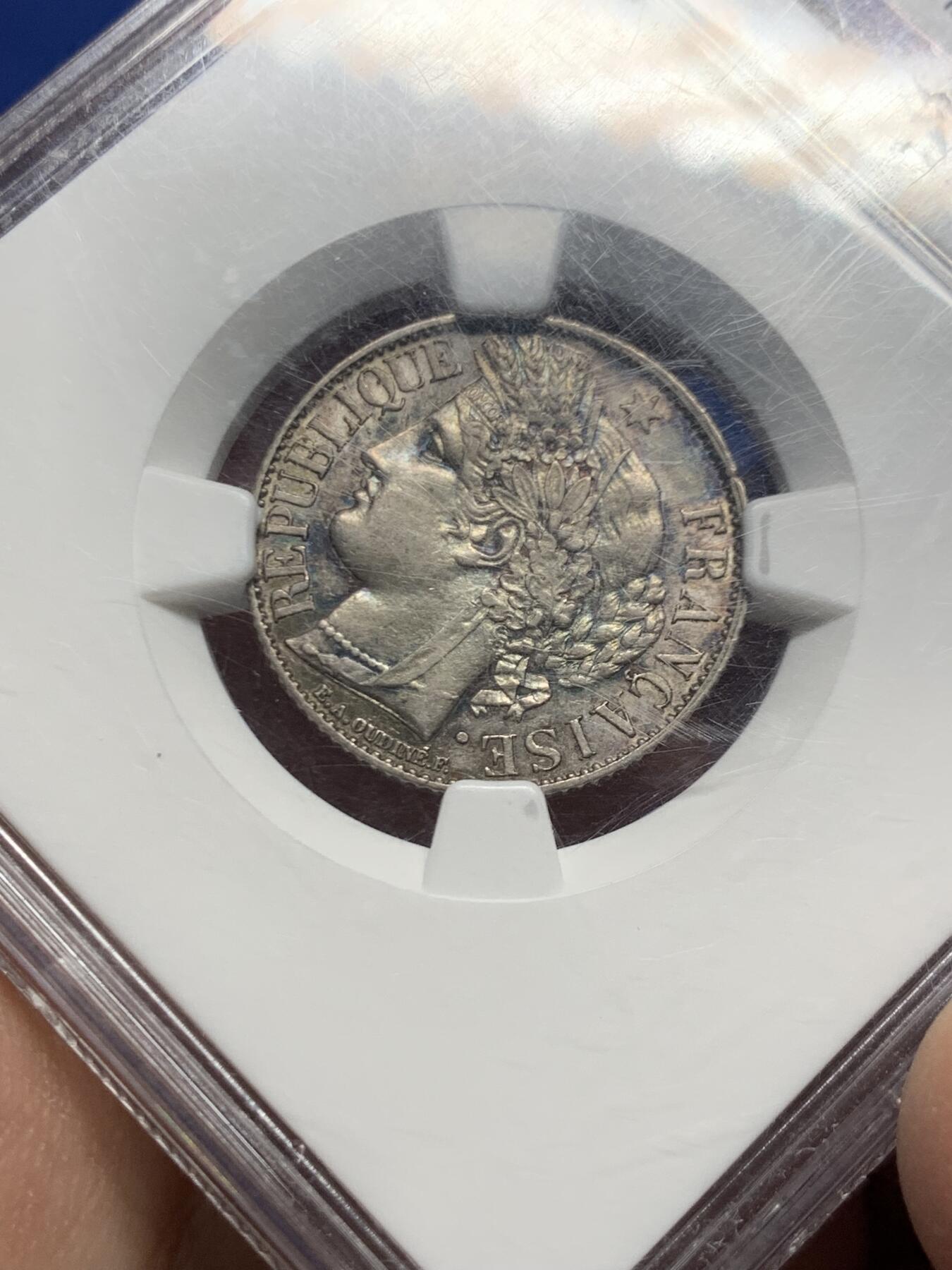 《竞宝斋》第446场 周日，周一，2场连拍 （全场包邮） NGC AU58 法国1894年A版谷物女神1法郎银币 原味淡彩