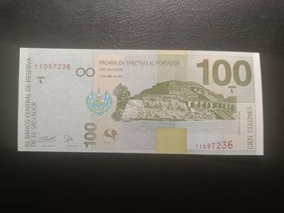 2025十二月第二期，总207期 - 萨尔瓦多1997年100克朗UNC，次高面值，玛雅人的塔祖玛神宫和哥伦布，是萨尔瓦多最后发行的纸币系列，之后改用美元而尽数回收，因此而稀有