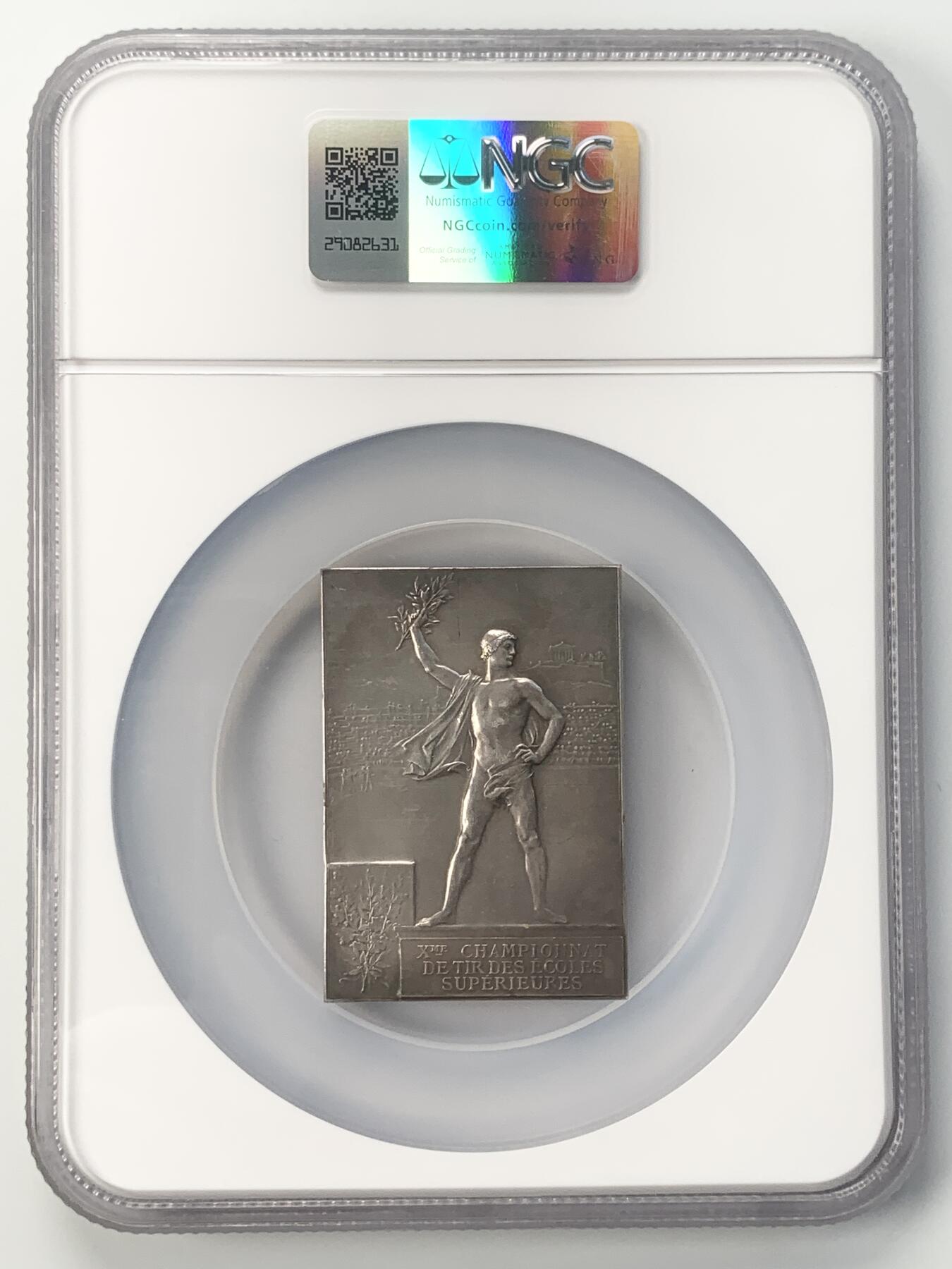 掌中浮雕-藏着的欧洲第045场 NGC MS61 : 1900年法国第十届卓越学校射击冠军赛镀银铜章 , 42 X 60mm，稀少！ Nicolas Maier法国章优秀作品集#157号
