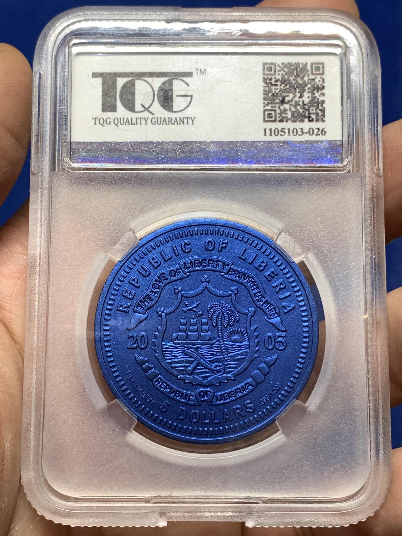 《竞宝斋》第446场 周日，周一，2场连拍 （全场包邮） TQG MS70 利比里亚2005年5元蓝铌币 欧元10周年纪念-梵蒂冈 7.78克 发行量：1万