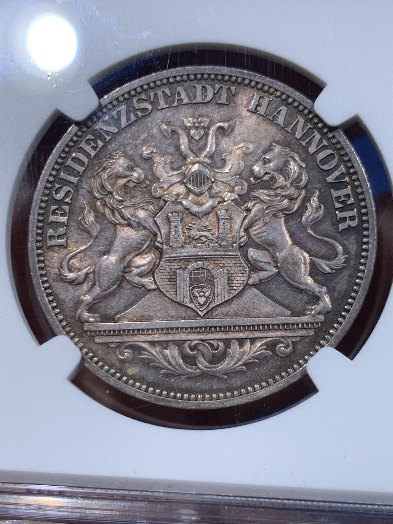 《竞宝斋》第446场 周日，周一，2场连拍 （全场包邮） NGC MS63 德国1872年汉诺威射击节女神泰勒章型银币 状态难得