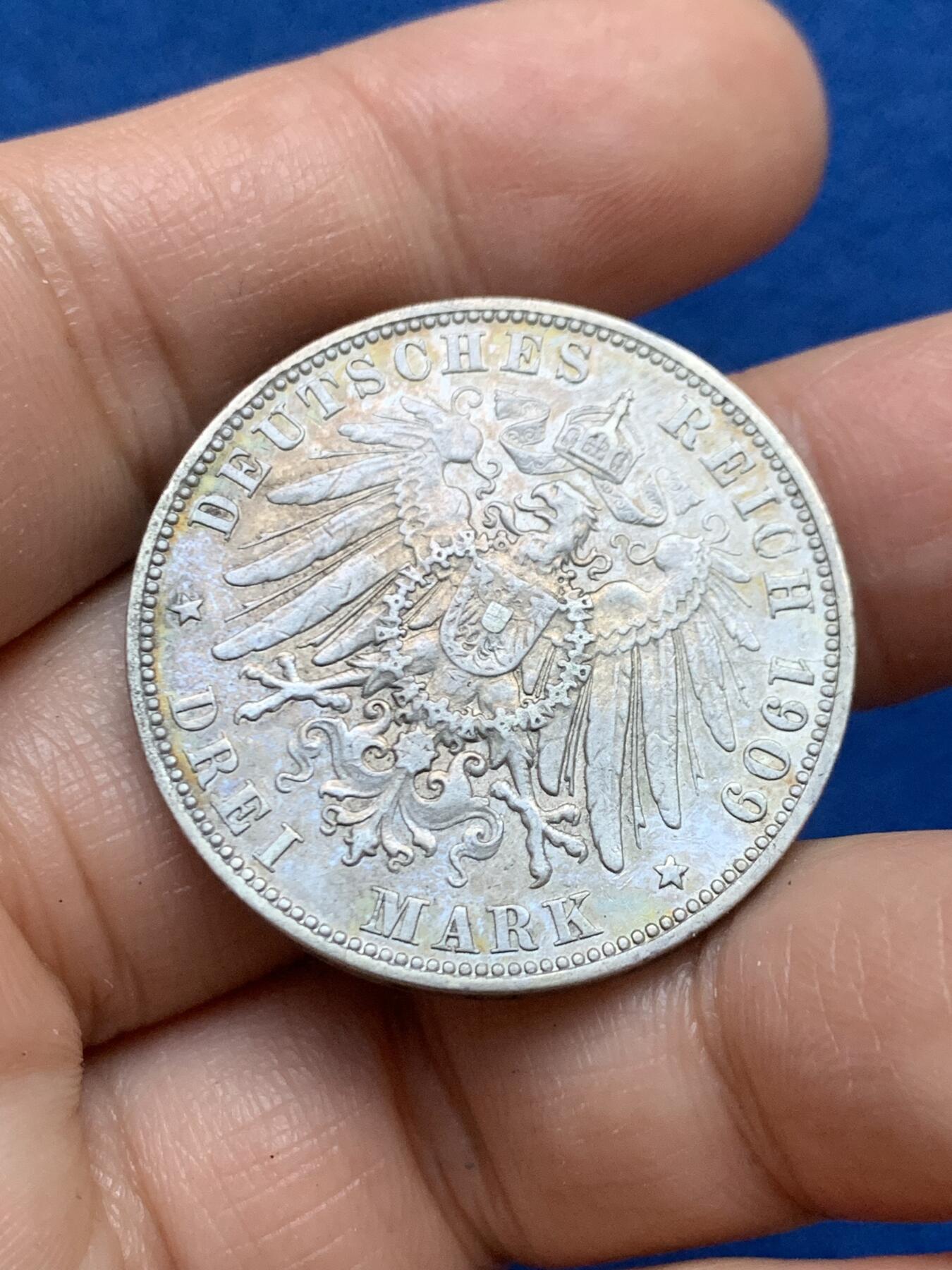 《竞宝斋》第446场 周日，周一，2场连拍 （全场包邮） 德国1909年汉堡双狮3马克银币 包浆漂亮