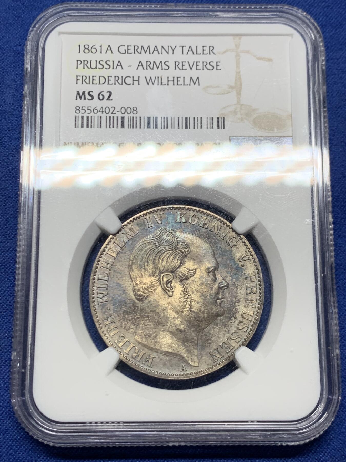 《竞宝斋》第446场 周日，周一，2场连拍 （全场包邮） NGC MS62 德国1861A普鲁士威廉四世-洋葱头1泰勒离冠鹰银币 季军分 好品