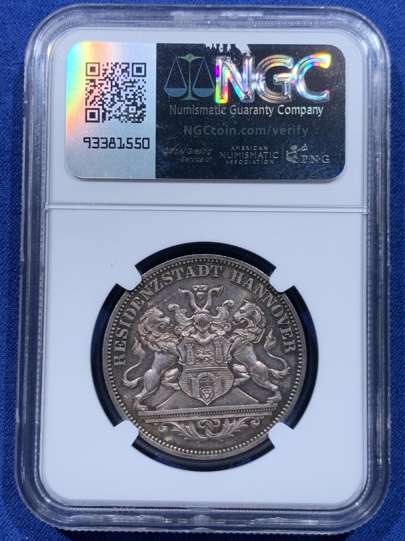 《竞宝斋》第446场 周日，周一，2场连拍 （全场包邮） NGC MS63 德国1872年汉诺威射击节女神泰勒章型银币 状态难得