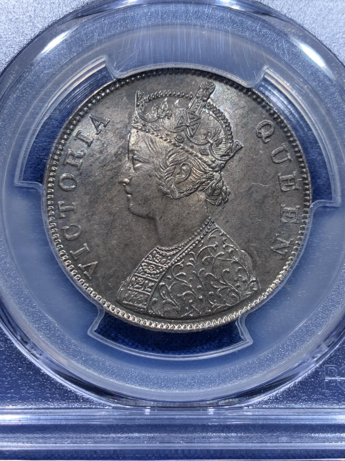 《竞宝斋》第446场 周日，周一，2场连拍 （全场包邮） PCGS MS63 英属印度 1862年M厂 维多利亚 卢比银币 非常少见的马德拉斯厂 亚军分  仅有4枚更高分 光度好 包浆自然