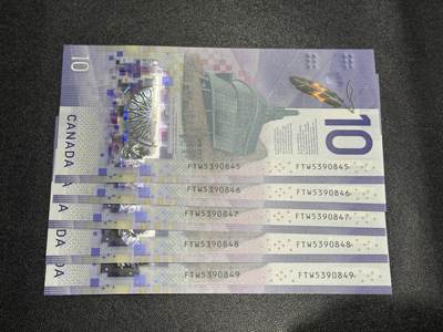 《外钞收藏家》第五百九十二期（精选场）（本平台长期征集拍品、欢迎藏友们联系合作） - 加拿大2018年10元FTW首发字冠5张连号（2018年IBNS世界最佳纸币）	UNC