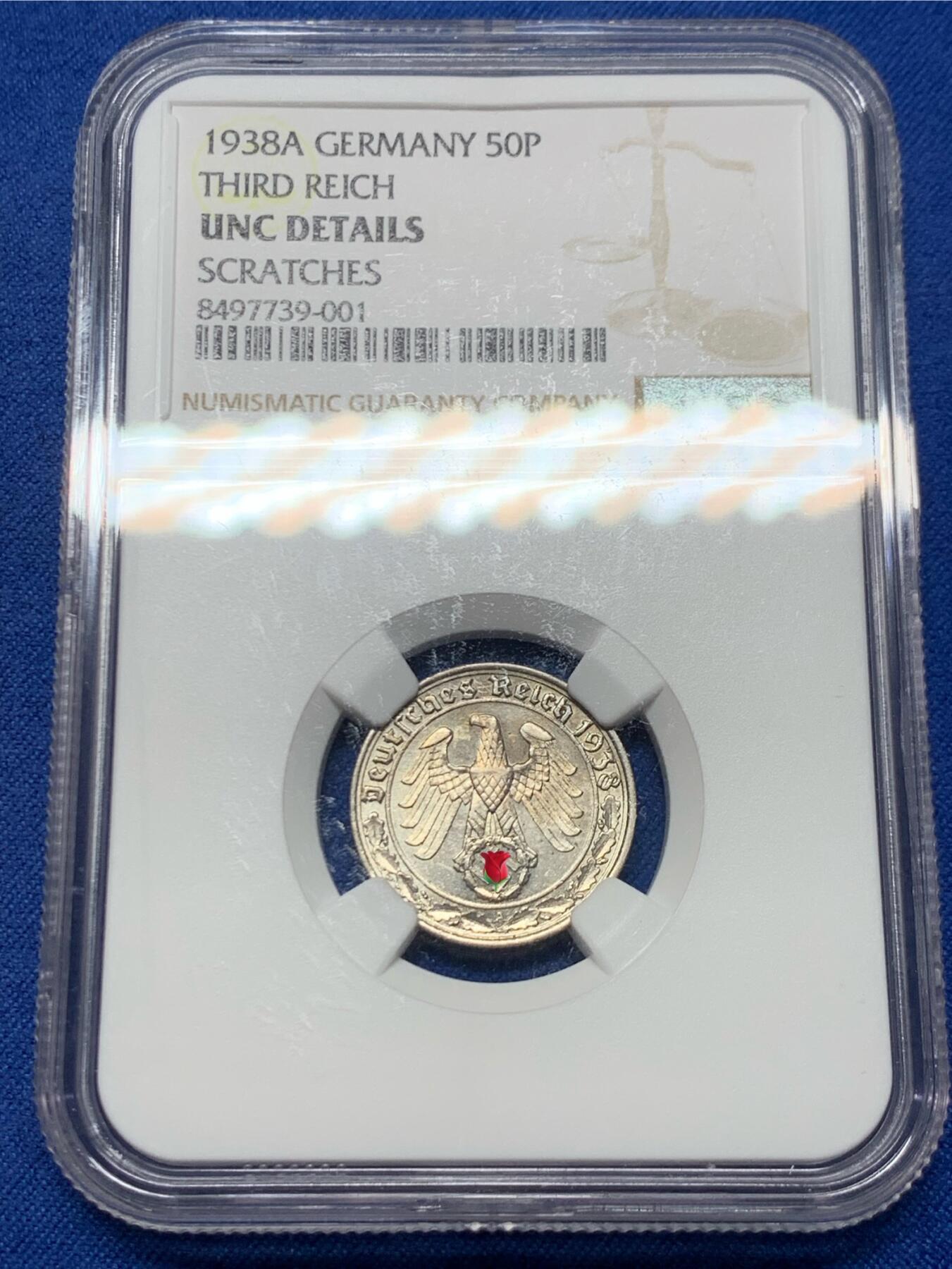 《竞宝斋》第446场 周日，周一，2场连拍 （全场包邮） NGC UNCD 德国1938年帝国50芬妮镍币，传说重大回炉坦克币，带风车标。