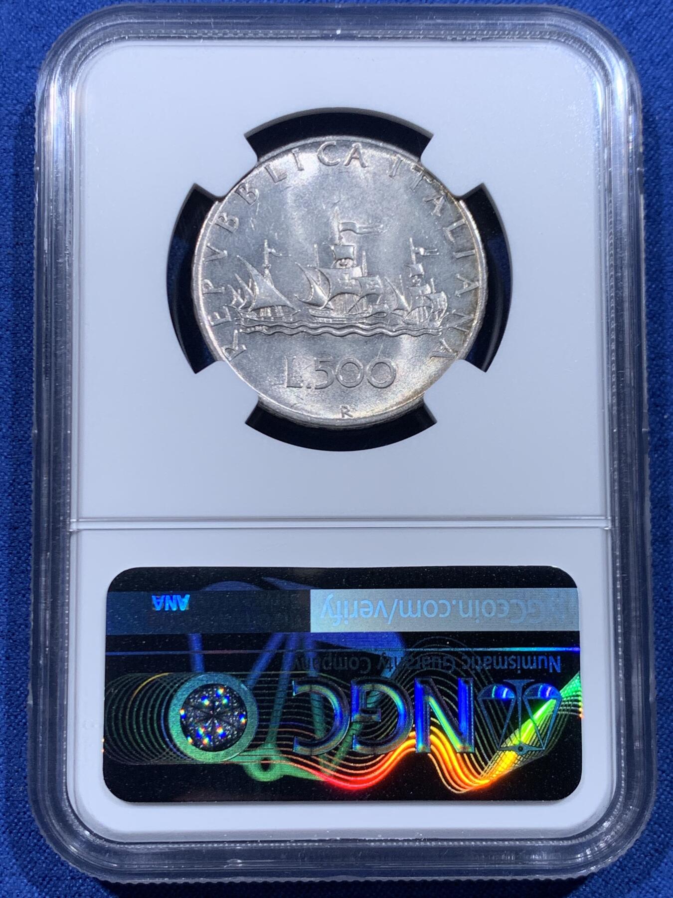 《竞宝斋》第446场 周日，周一，2场连拍 （全场包邮） NGC MS62 意大利1958年500里拉银币，该版500里拉首年份，经典人妻帆船设计，代表事业与爱情