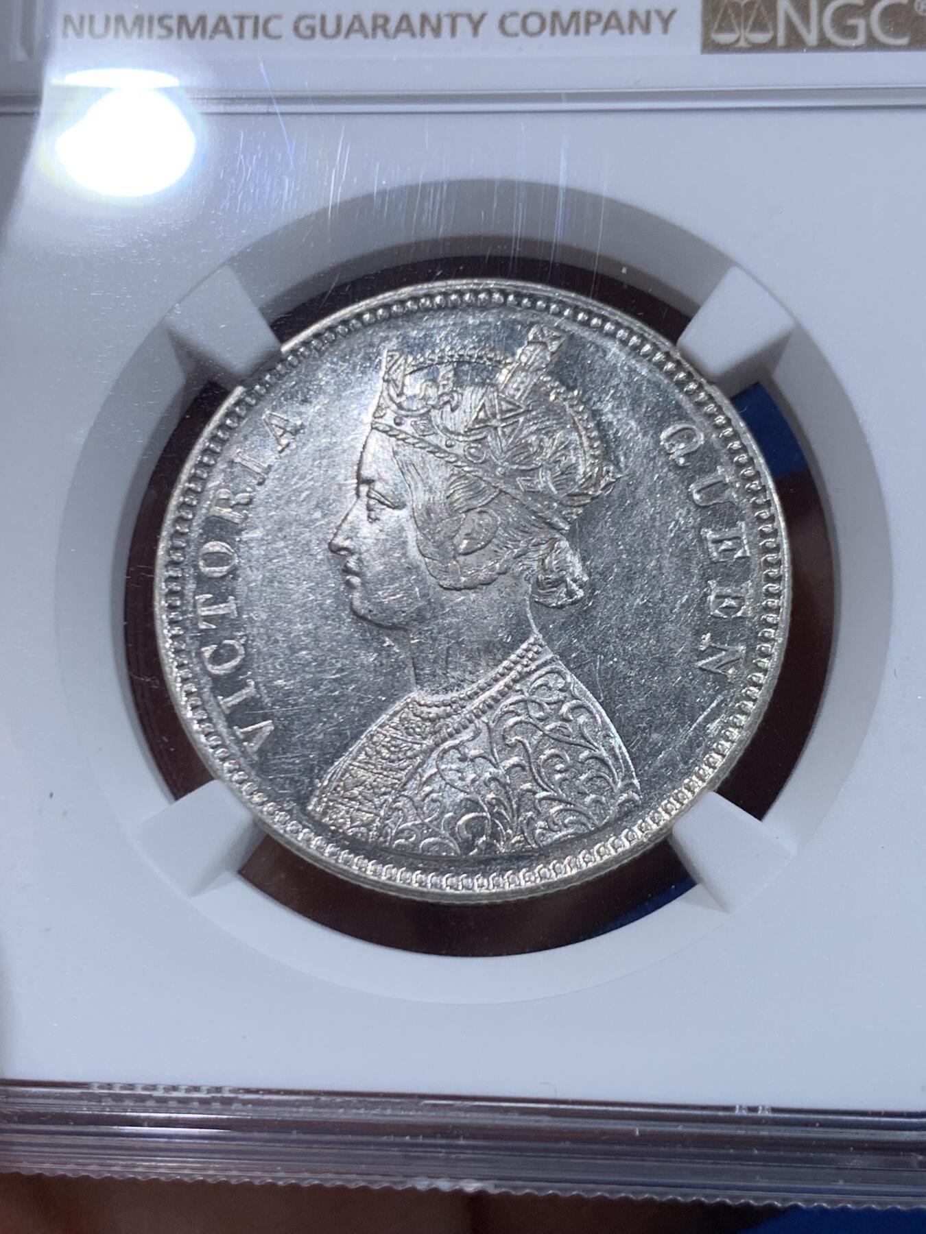 《竞宝斋》第446场 周日，周一，2场连拍 （全场包邮） NGC MS62 英属印度 1862年 维多利亚 1卢比 银币