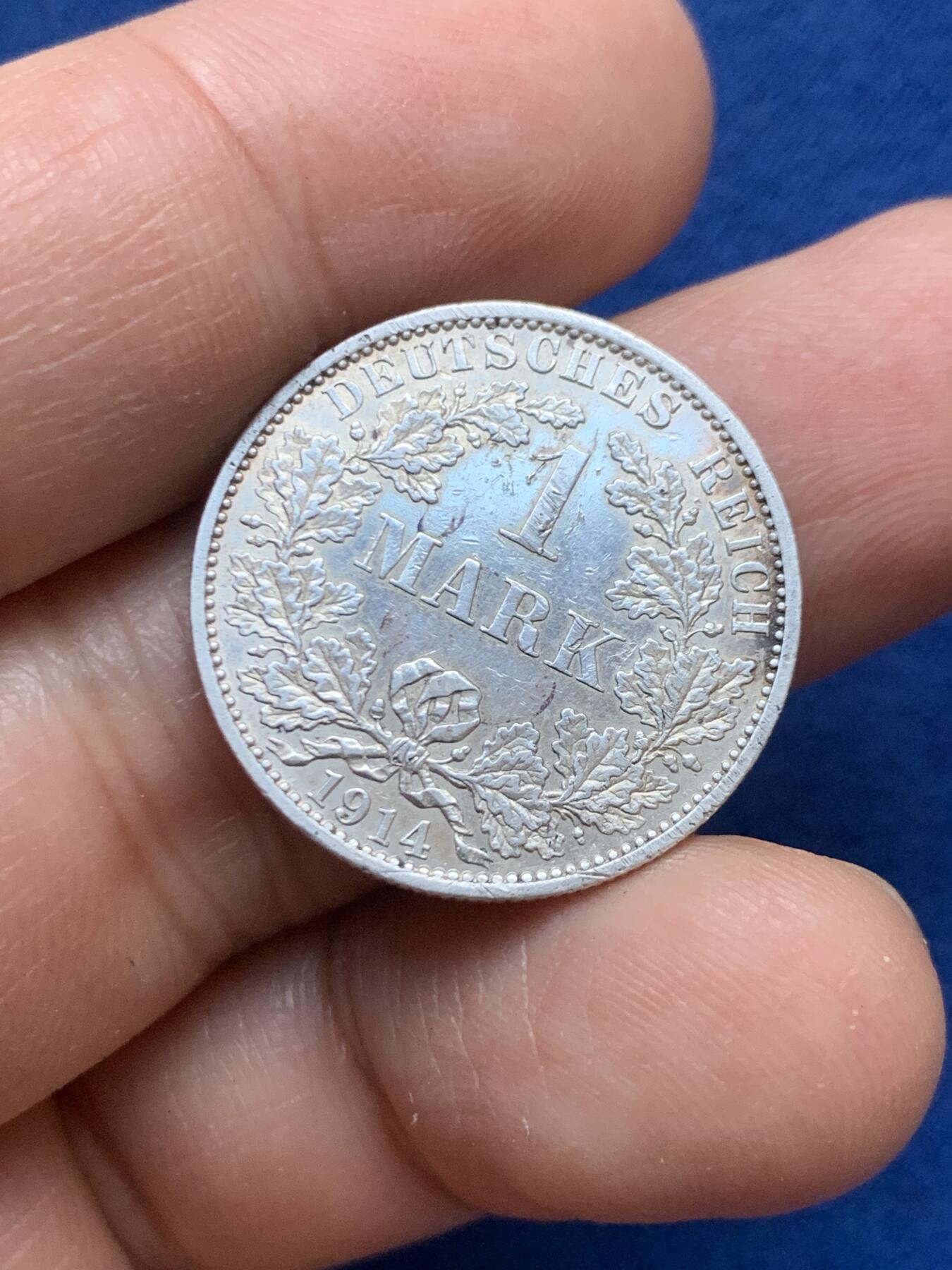 《竞宝斋》第446场 周日，周一，2场连拍 （全场包邮） 德国 1914年 1马克 A厂标 银币