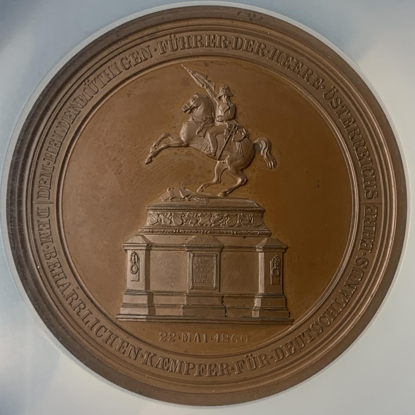 掌中浮雕-藏着的欧洲第045场 NGC MS64 : 1860年奥匈帝国卡尔大公纪念碑揭幕铜章，64mm