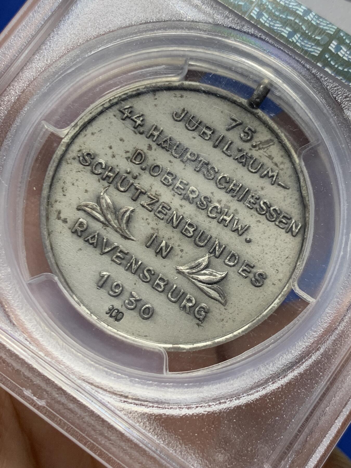 《竞宝斋》第446场 周日，周一，2场连拍 （全场包邮） PCGS MS63 德国 1930年魏玛共和国 拉文斯堡 射击节纪念银章 带银标 P加厚盒装 品种少见