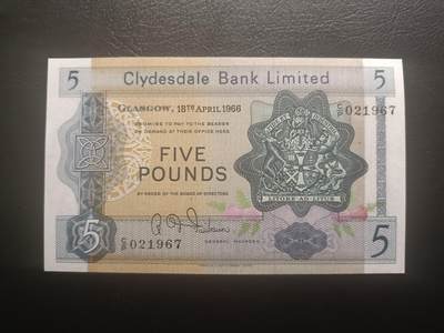 2025十二月第二期，总207期 - 苏格兰克莱斯戴勒银行1966年5镑AUNC，银行徽章和格拉斯哥教堂