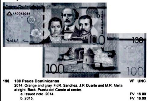 全新多米尼加共和国2014年100比索、2007年200比索靓品纸币2枚一对
