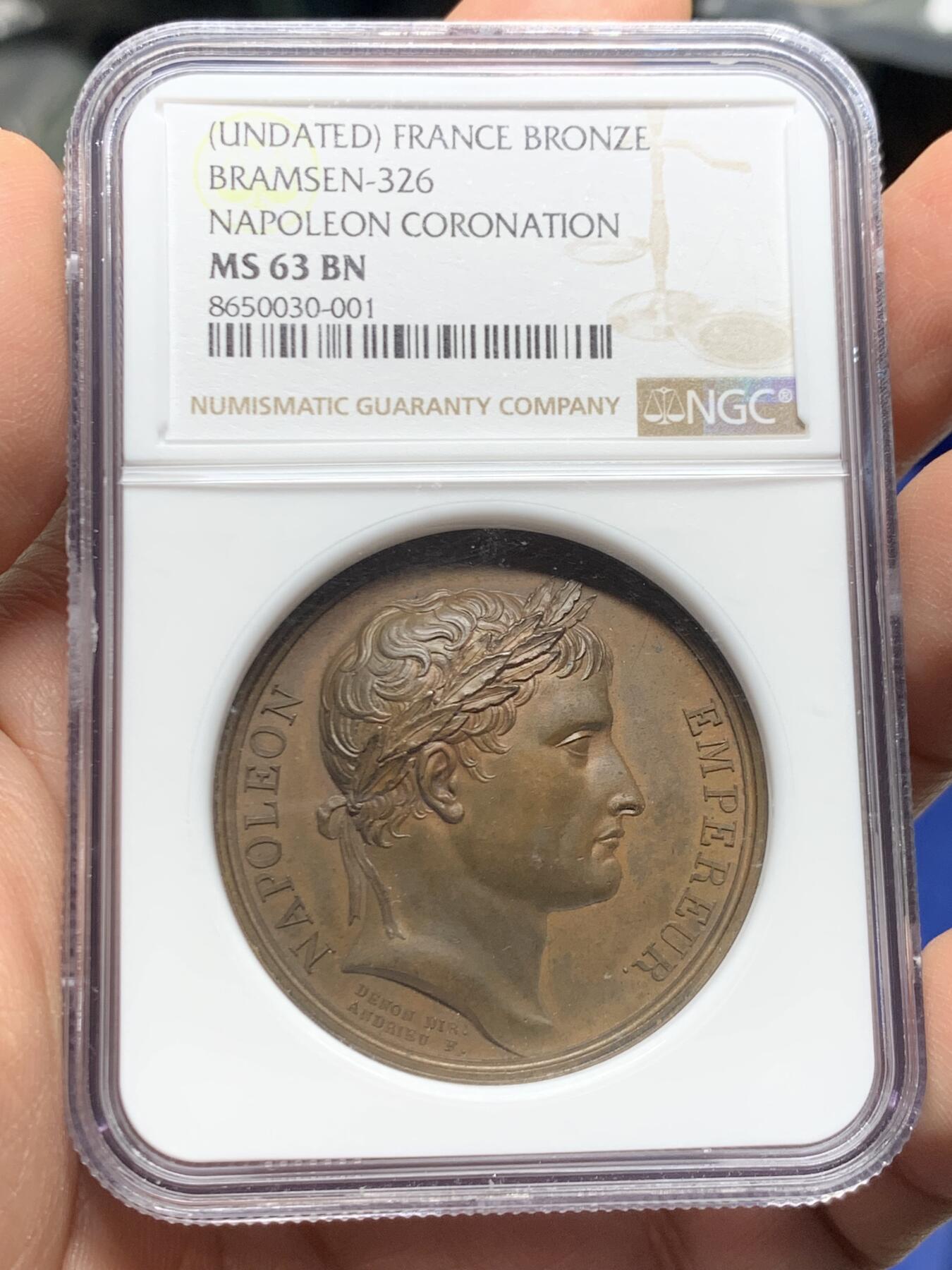 《竞宝斋》第446场 周日，周一，2场连拍 （全场包邮） NGC MS63BN 法国1804年拿破仑加冕纪念铜章 热门稀少品种 加厚盒