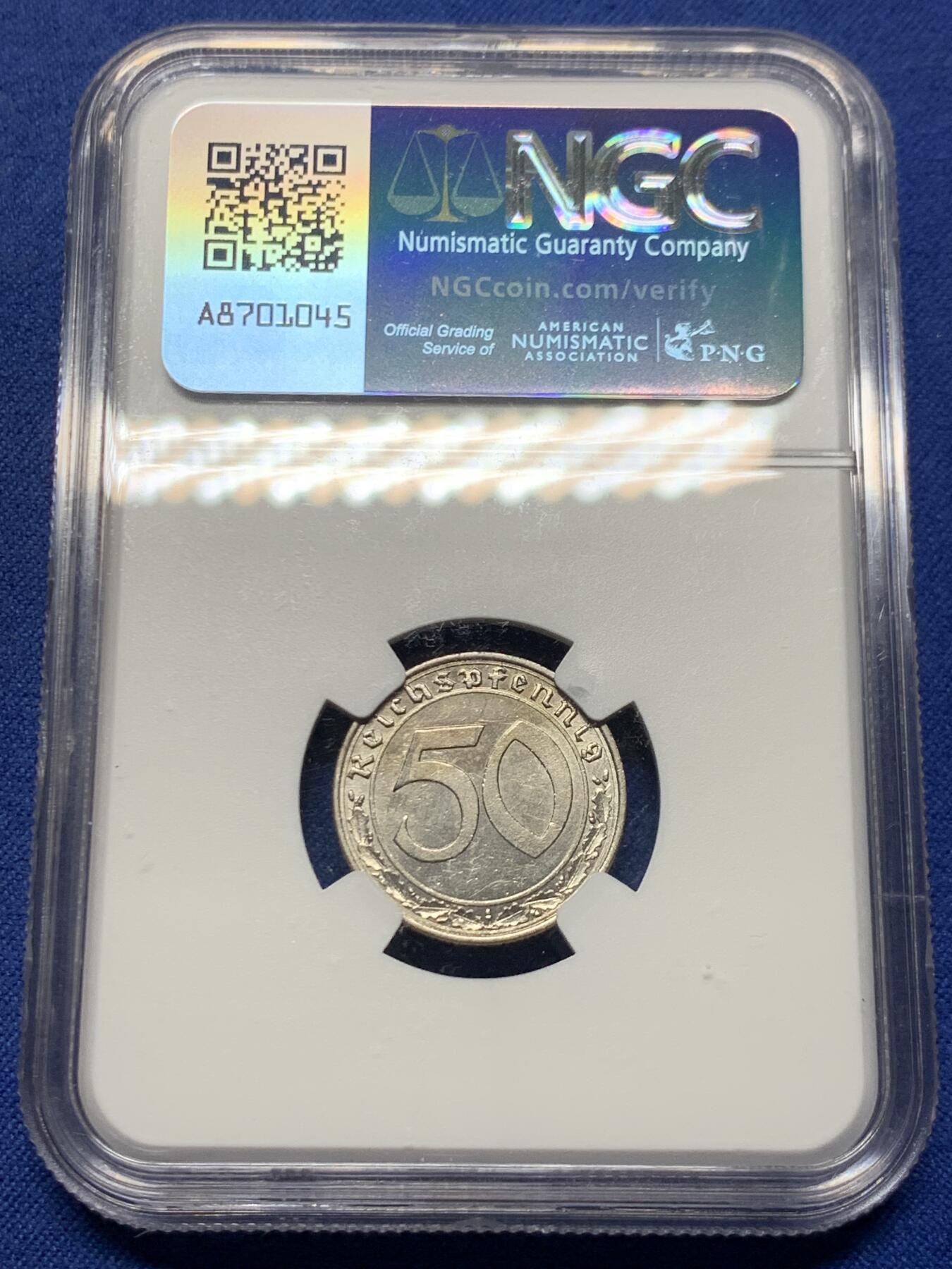 《竞宝斋》第446场 周日，周一，2场连拍 （全场包邮） NGC UNCD 德国1938年帝国50芬妮镍币，传说重大回炉坦克币，带风车标。