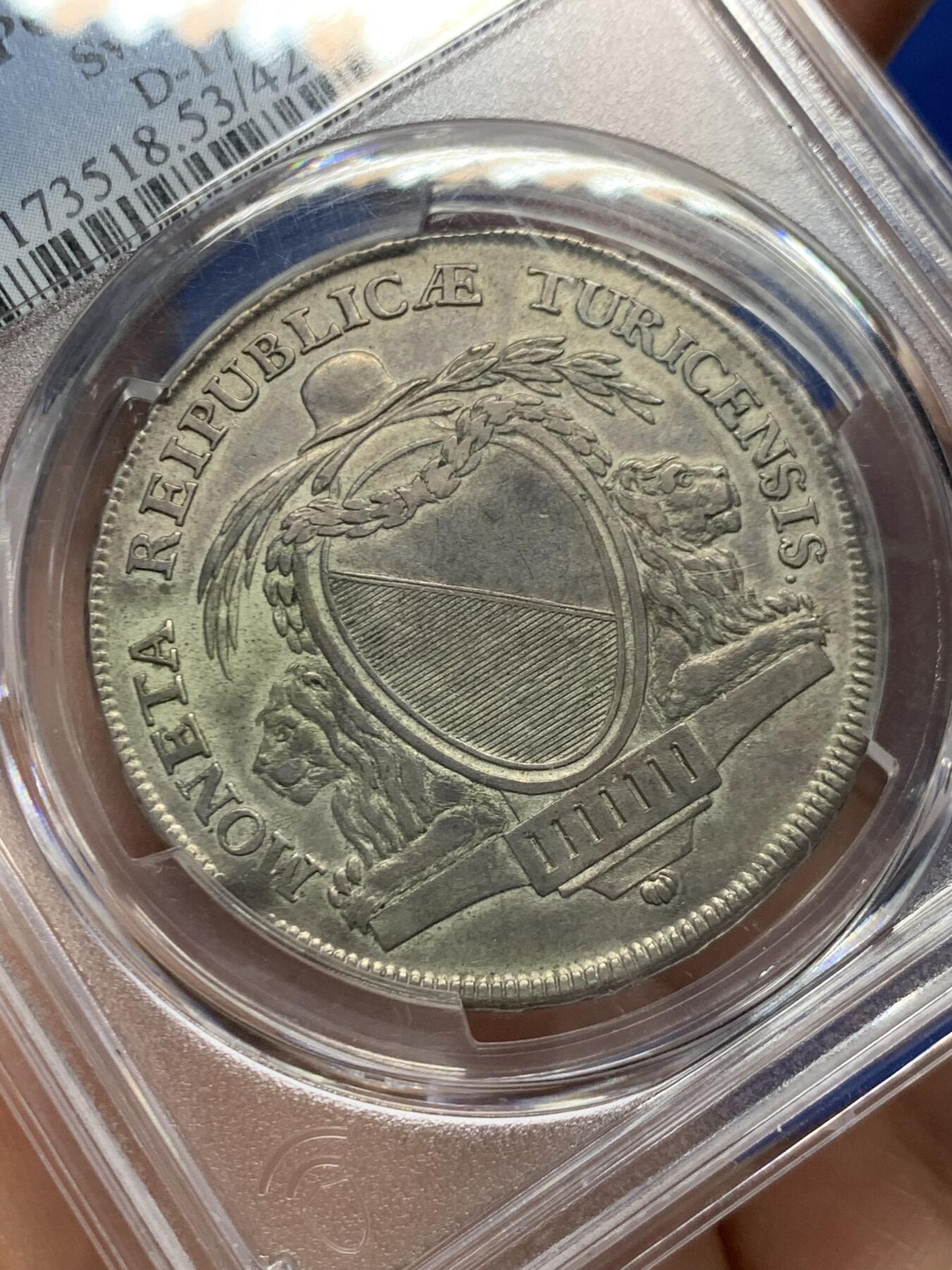 《竞宝斋》第446场 周日，周一，2场连拍 （全场包邮） PCGS AU53 瑞士1783年苏黎世双狮徽章1泰勒银币，原味状态稀少版本，克书XF标价625刀
