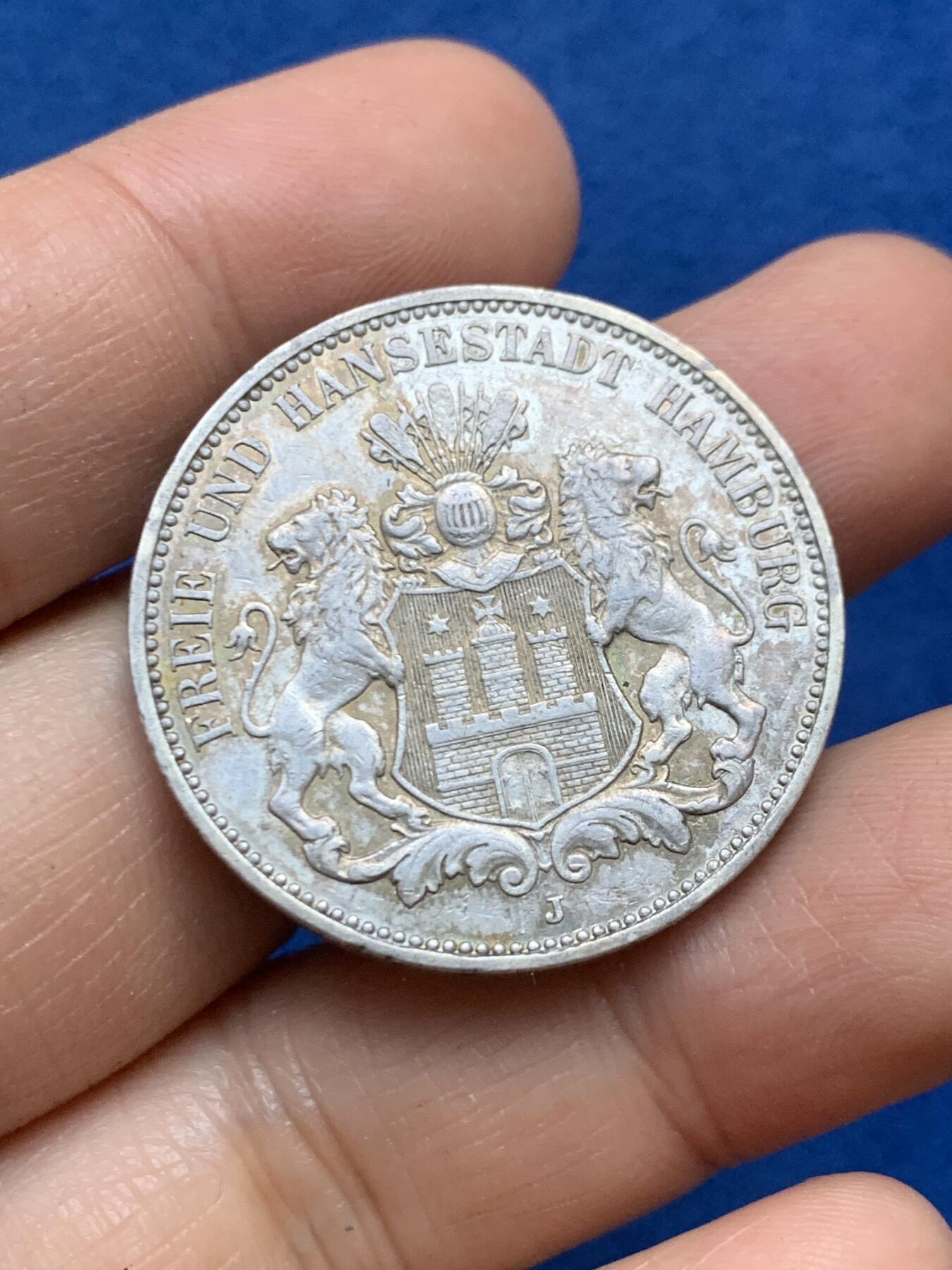 《竞宝斋》第446场 周日，周一，2场连拍 （全场包邮） 德国1909年汉堡双狮3马克银币 包浆漂亮