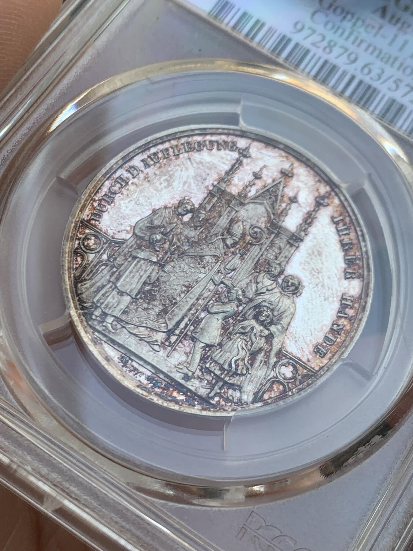 《竞宝斋》第446场 周日，周一，2场连拍 （全场包邮） PCGS SP63 德国 1850年 奥格斯堡 天主教洗礼银章 冠军分 包浆漂亮 雕刻精细 霜感十足 PL底板