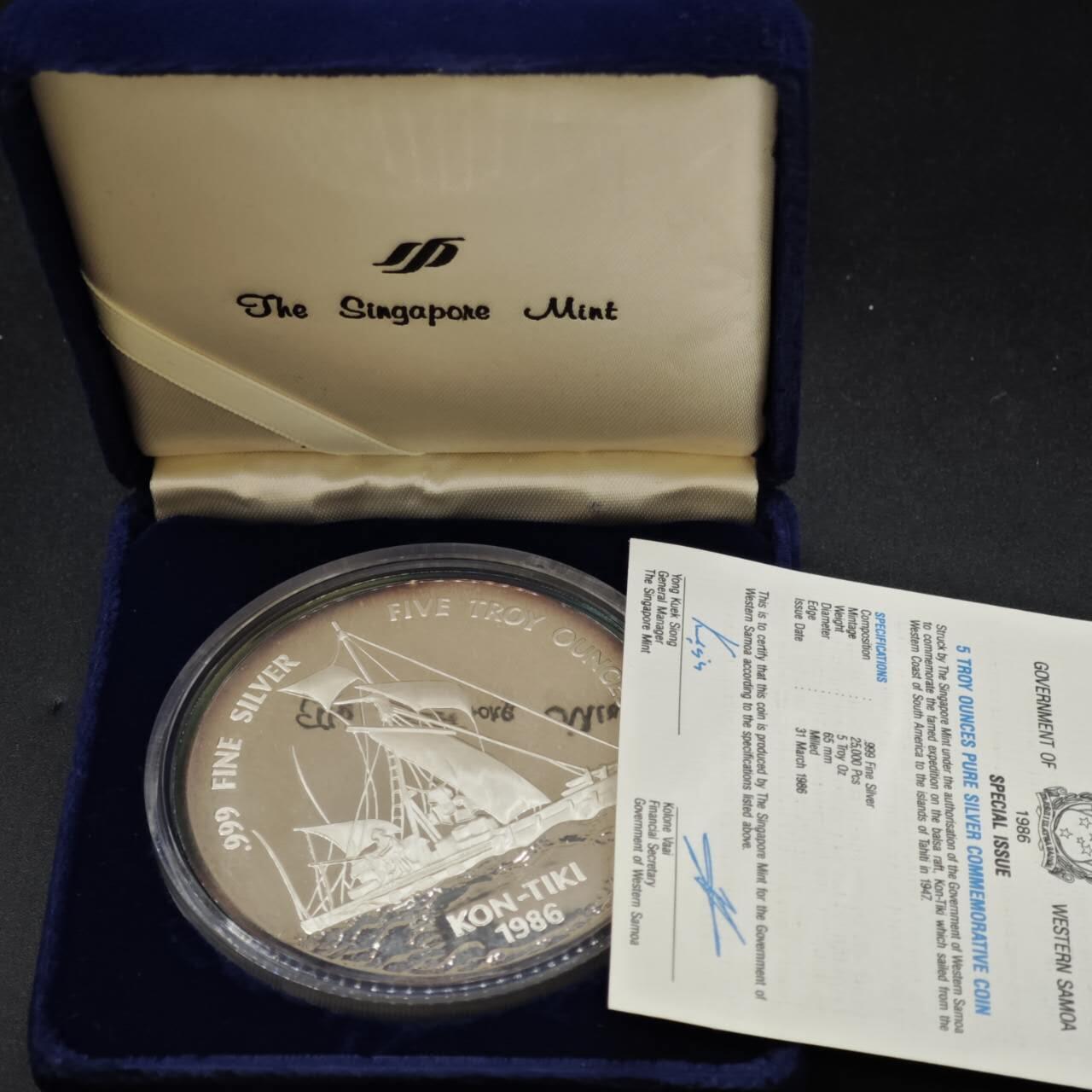 【淘币小摊】实时拍第八百二十二拍   银币套币场   满百包邮可预留二周 每周一统一发货   西萨摩亚1986年“康提基”号帆船25塔拉银币5盎司精制银币1988年克劳斯最具艺术币银价2060