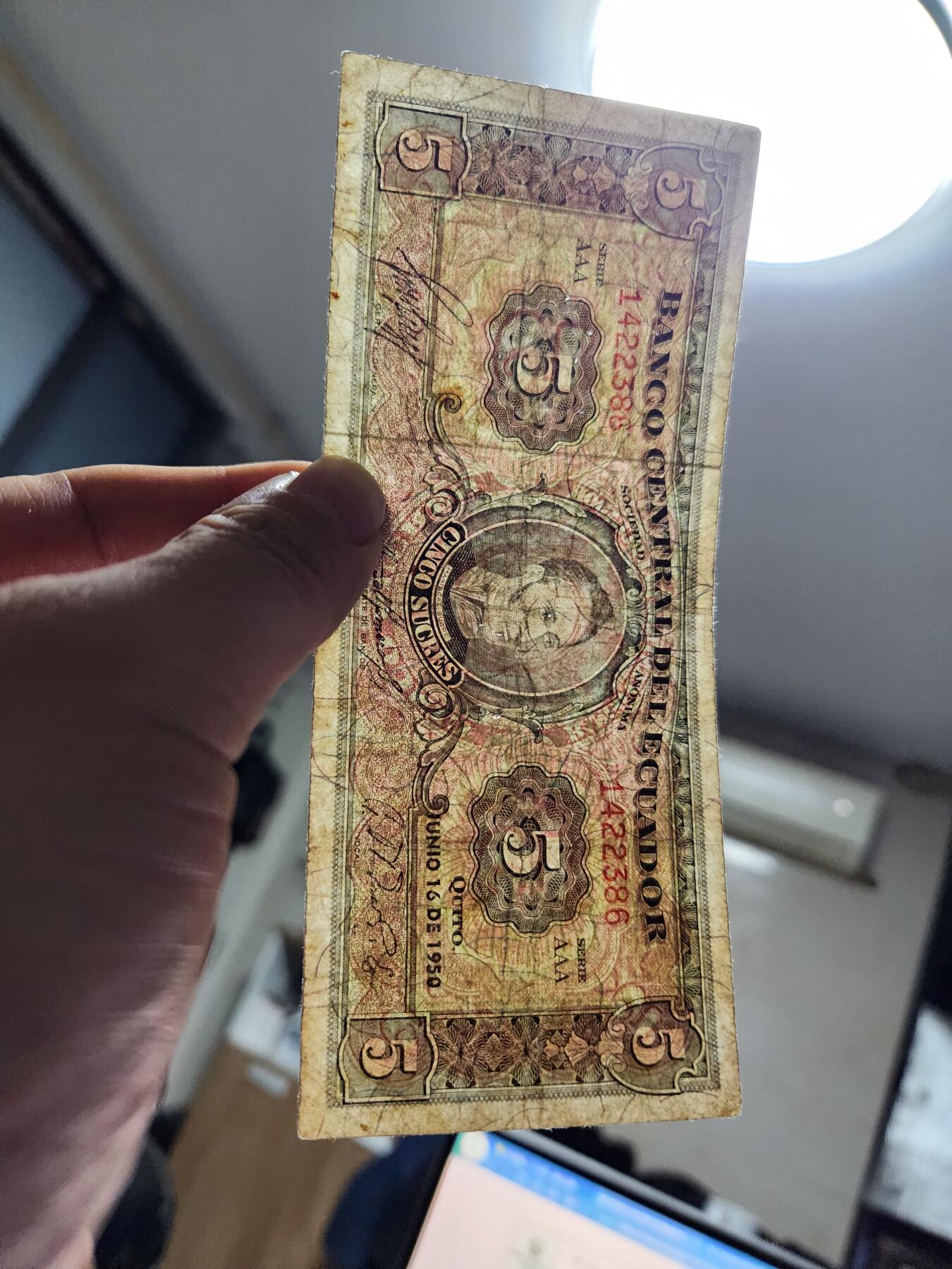 12月10号晚上8点 外国纸币自动截拍第71场 厄瓜多尔 5苏克雷 1950年 AAA首冠 首版 首年份 稀少