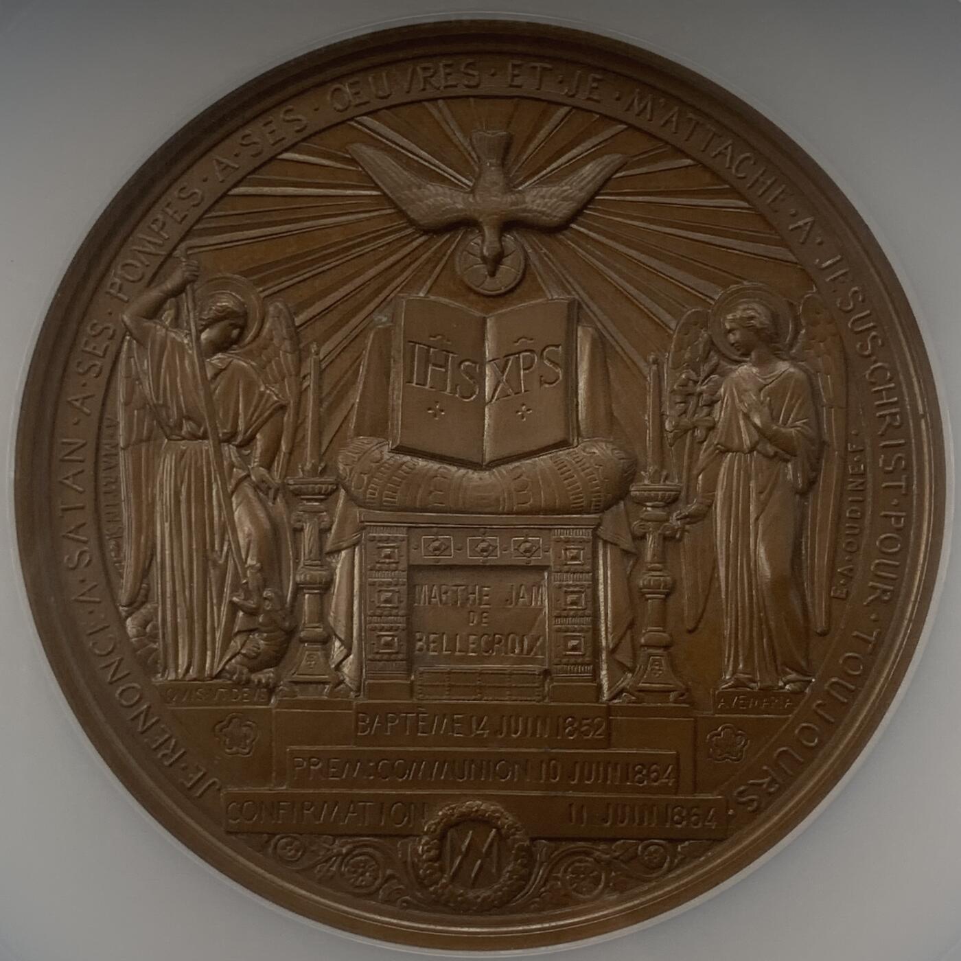 掌中浮雕-藏着的欧洲第045场 NGC-MS65 ：1864年法国宗教纪念青铜章，69mm