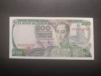 2025十二月第二期，总207期 - 哥伦比亚1978年200比索AUNC长号无4，玻利瓦尔将军和咖啡豆采摘