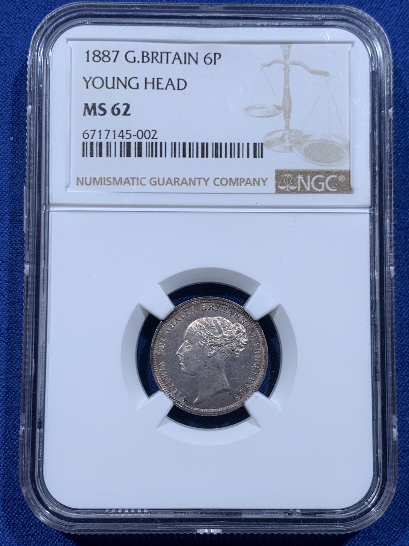 《竞宝斋》第446场 周日，周一，2场连拍 （全场包邮） NGC MS62 英国1887年小维六便士 幸运币 好看的紫罗兰包浆，一步到位的收藏，不用换藏。