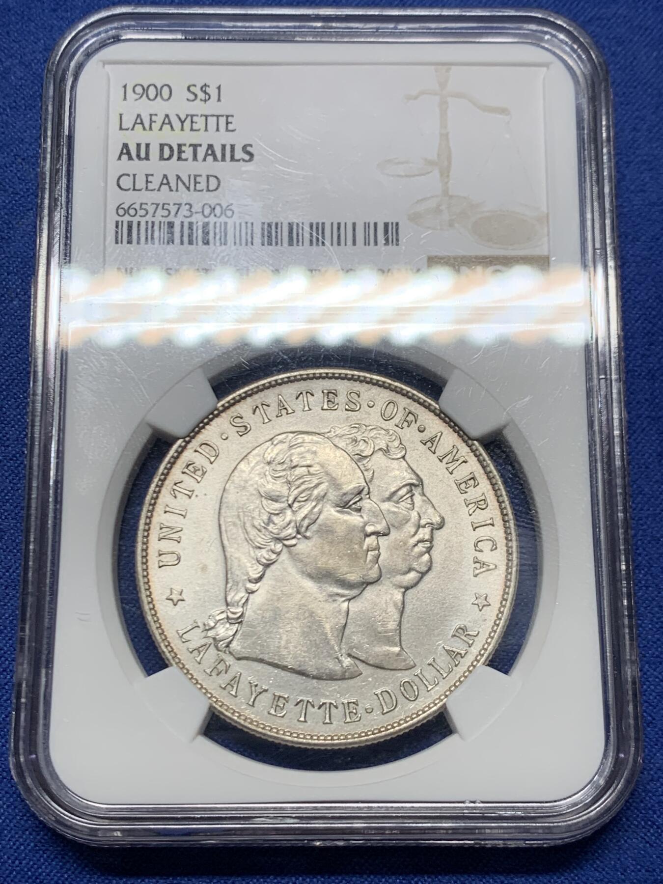 《竞宝斋》第446场 周日，周一，2场连拍 （全场包邮） NGC AUD 美国1900年拉法耶特一美元纪念银币，美国首枚纪念DOLLAR，名誉品种