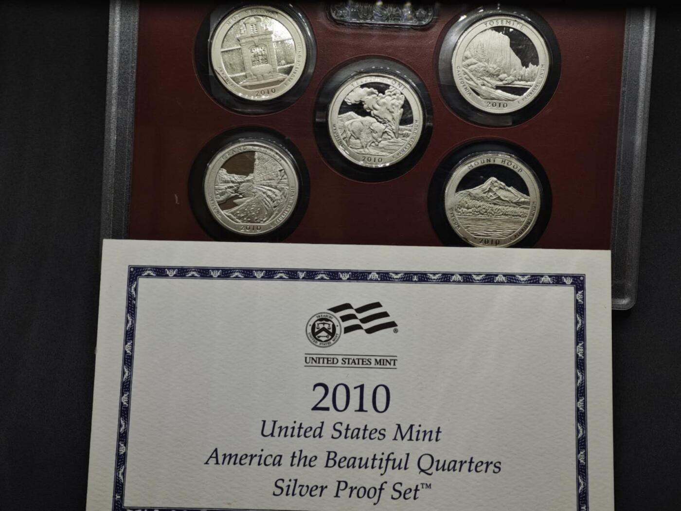 【淘币小摊】实时拍第八百二十二拍   银币套币场   满百包邮可预留二周 每周一统一发货   美国2010年25分国家公园精制银币5枚套原盒原证900银每枚重6.25克银价373