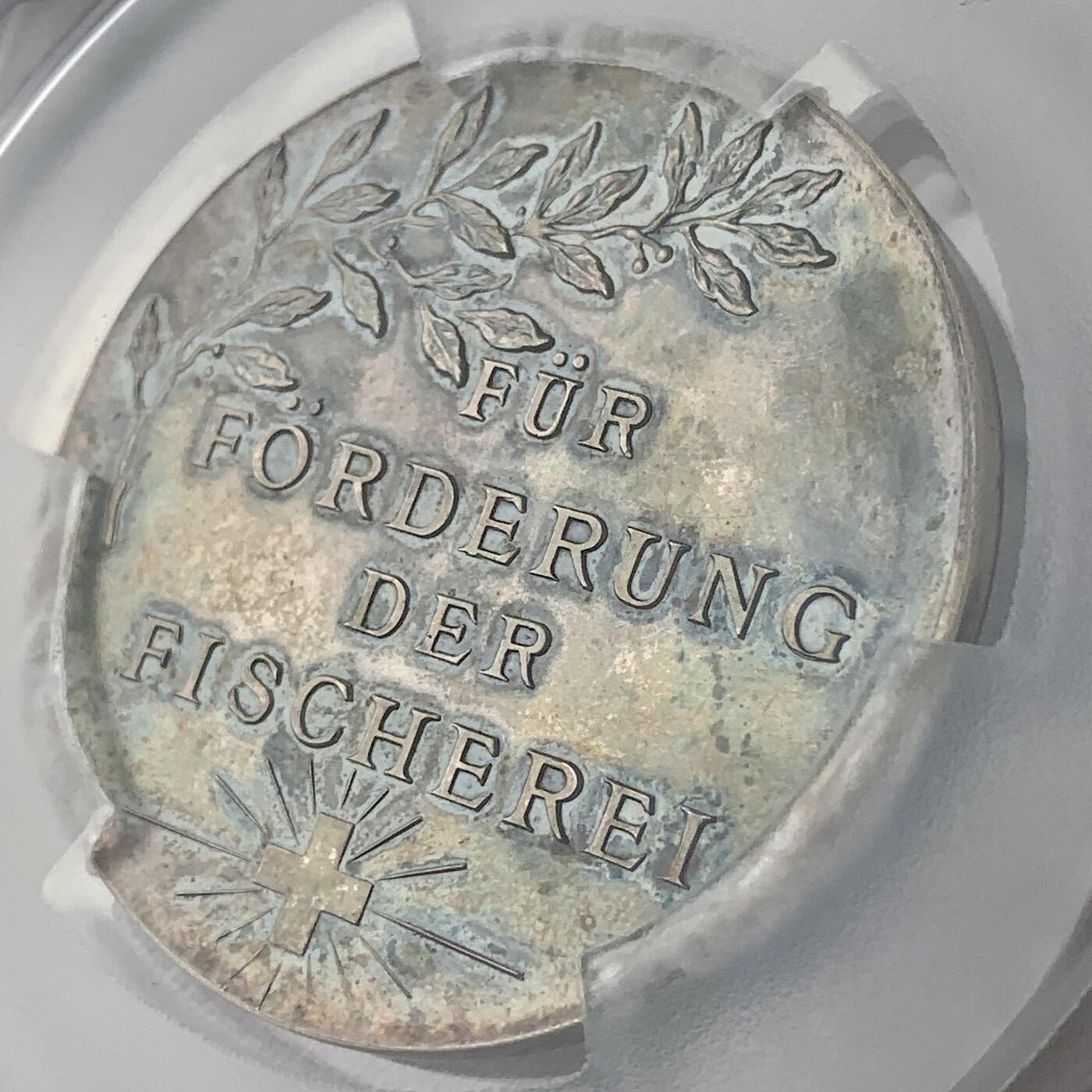 掌中浮雕-藏着的欧洲第045场 PCGS MS62 : 1894年瑞士钓鱼协会银章，55mm，图案精美