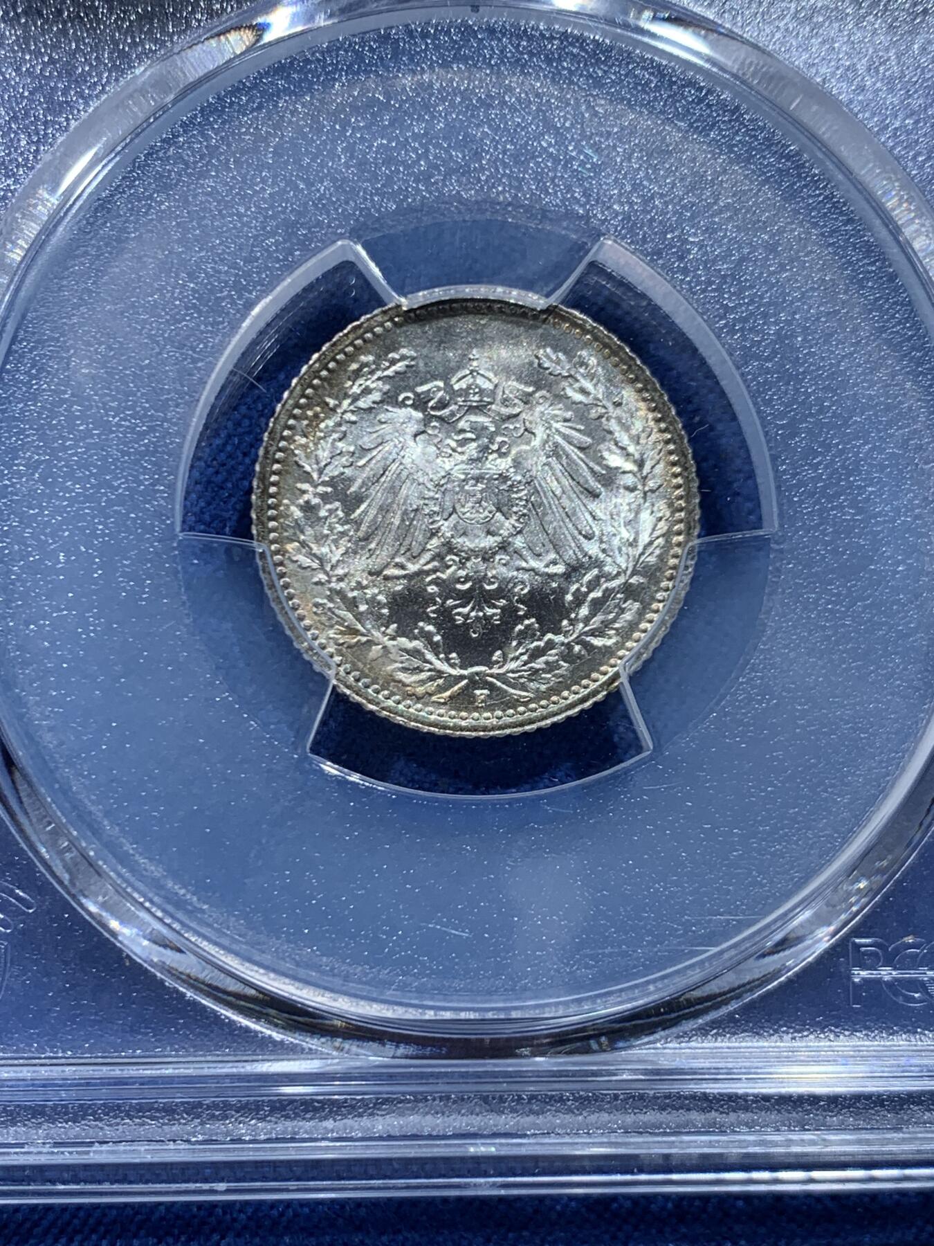 《竞宝斋》第446场 周日，周一，2场连拍 （全场包邮） PCGS MS67 德国1915年1/2马克银币 F厂铭 高分难得 强转光品相