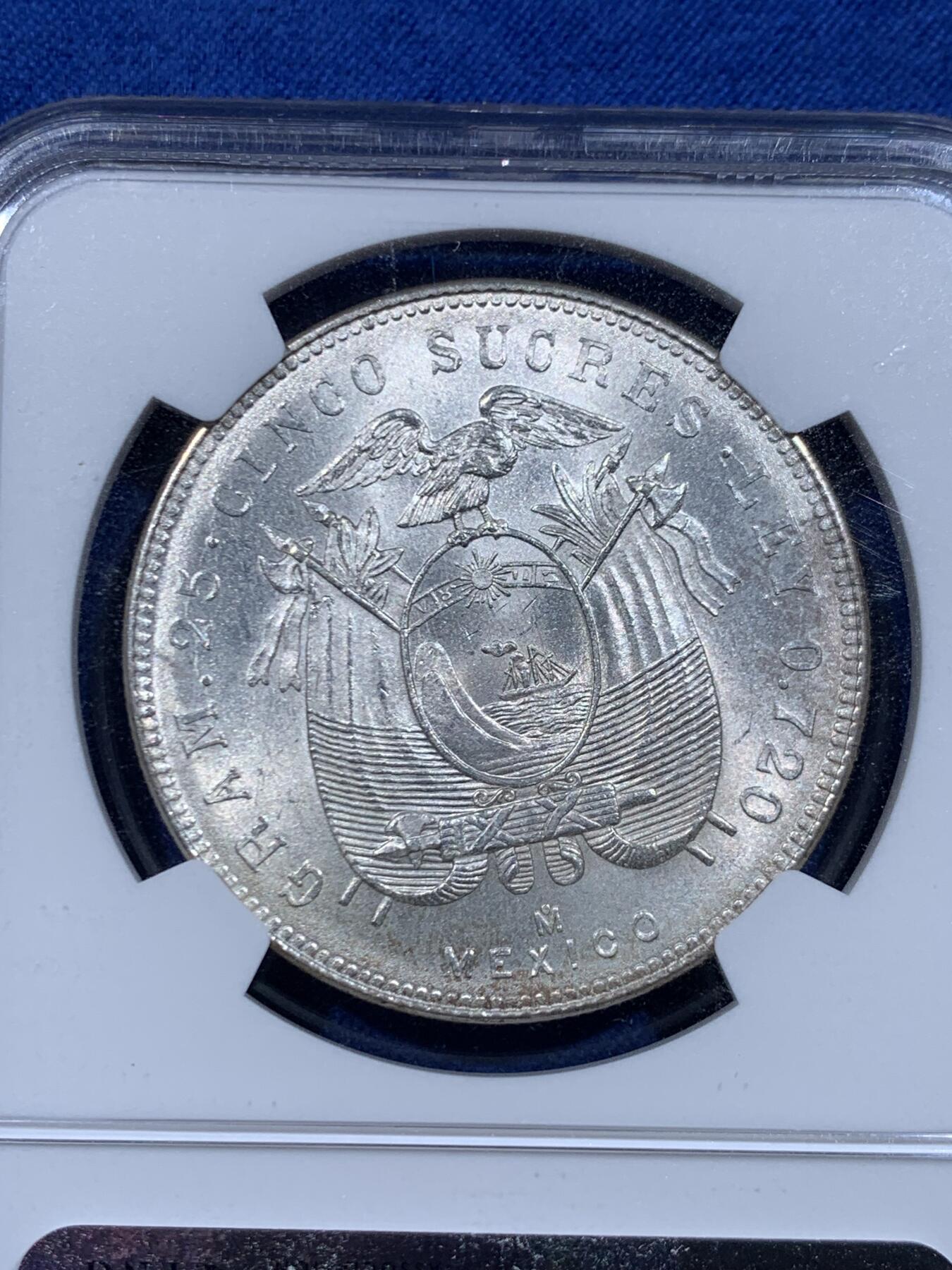 《竞宝斋》第446场 周日，周一，2场连拍 （全场包邮） NGC MS63 厄瓜多尔1944年5苏克雷银币，墨西哥铸造，转光强烈细节优秀，状态极佳。