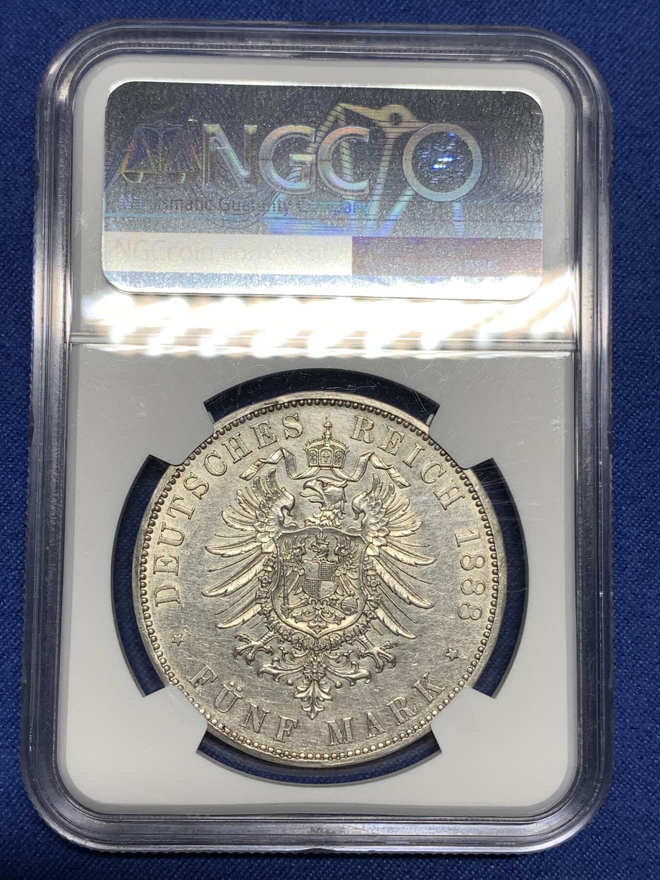 《竞宝斋》第446场 周日，周一，2场连拍 （全场包邮） NGC AUD 德国 1888年 弗里德里希三世 5马克 银币 27.78g 38mm