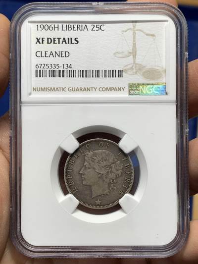 《竞宝斋》第446场 周日，周一，2场连拍 （全场包邮） - NGC XFD 利比里亚 1906年 25分 银币 利比里亚早期品种