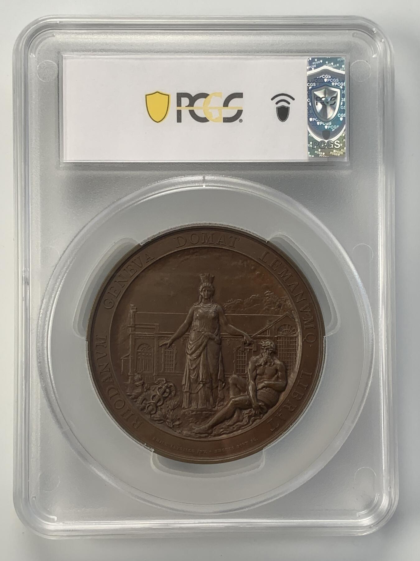 掌中浮雕-藏着的欧洲第045场 PCGS SP64 : 1886瑞士日内瓦库卢夫雷尼耶水电站竣工纪念铜章 , 62mm