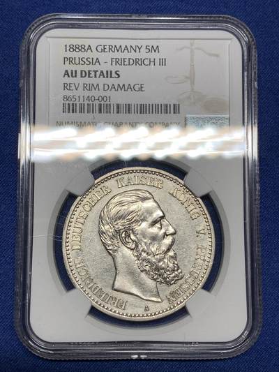 《竞宝斋》第446场 周日，周一，2场连拍 （全场包邮） - NGC AUD 德国 1888年 弗里德里希三世 5马克 银币 27.78g 38mm