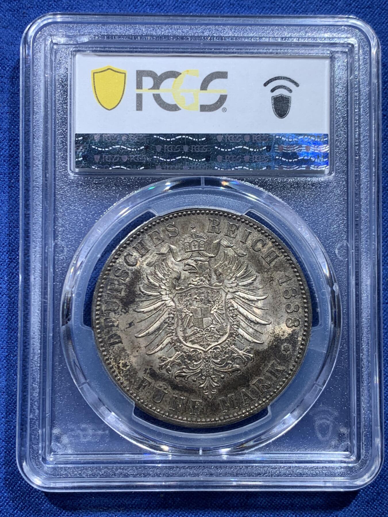《竞宝斋》第446场 周日，周一，2场连拍 （全场包邮） PCGS MS63 德国普鲁士1888年三皇年弗雷德里希三世短翅5马克银币 背面支撑有磕