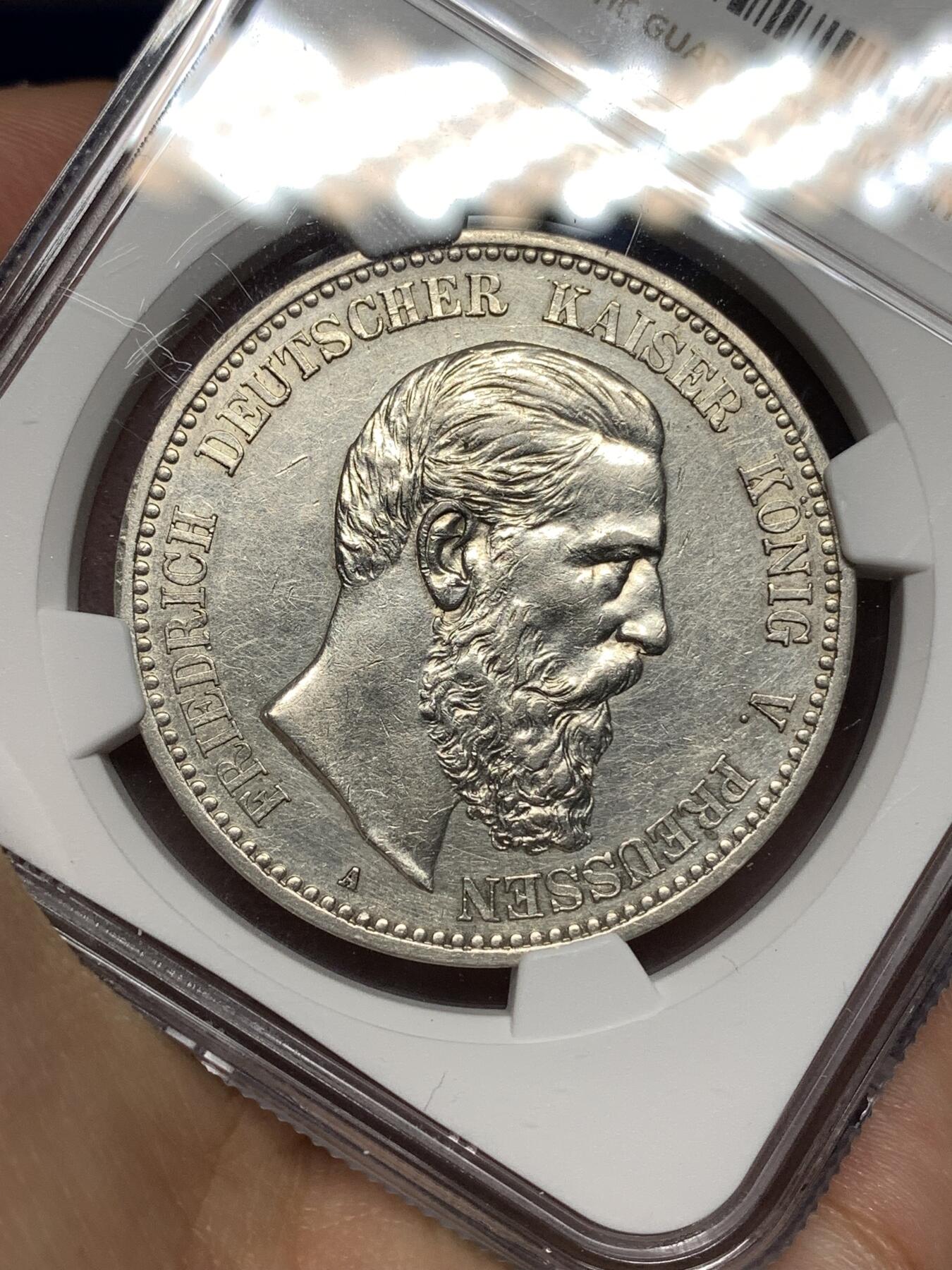 《竞宝斋》第446场 周日，周一，2场连拍 （全场包邮） NGC AUD 德国 1888年 弗里德里希三世 5马克 银币 27.78g 38mm