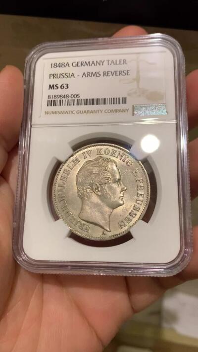 《竞宝斋》第446场 周日，周一，2场连拍 （全场包邮） 冠军分 NGC MS63 德国 1848年 普鲁士  腓特烈·威廉四世 泰勒银币 顶级状态