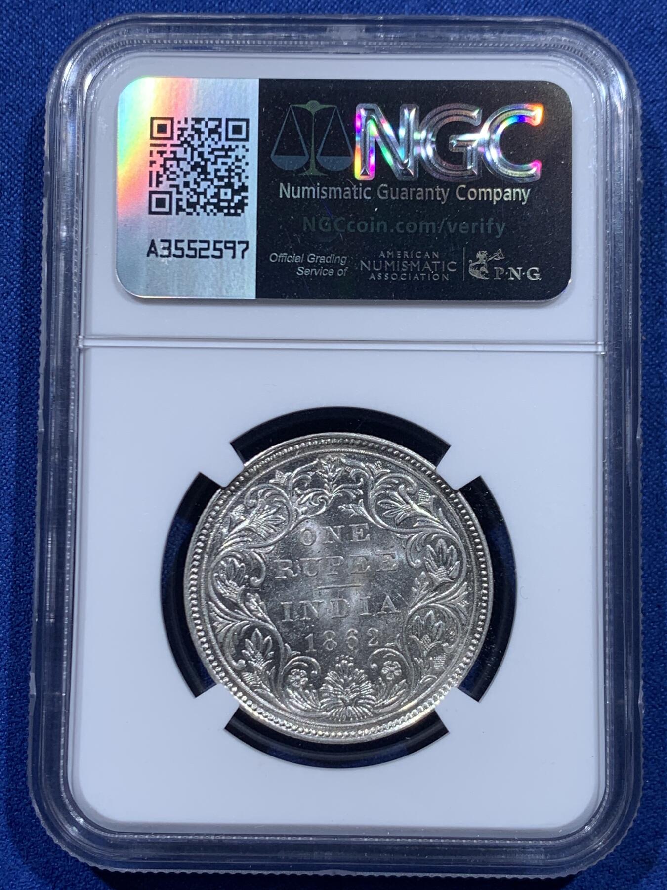 《竞宝斋》第446场 周日，周一，2场连拍 （全场包邮） NGC MS62 英属印度 1862年 维多利亚 1卢比 银币