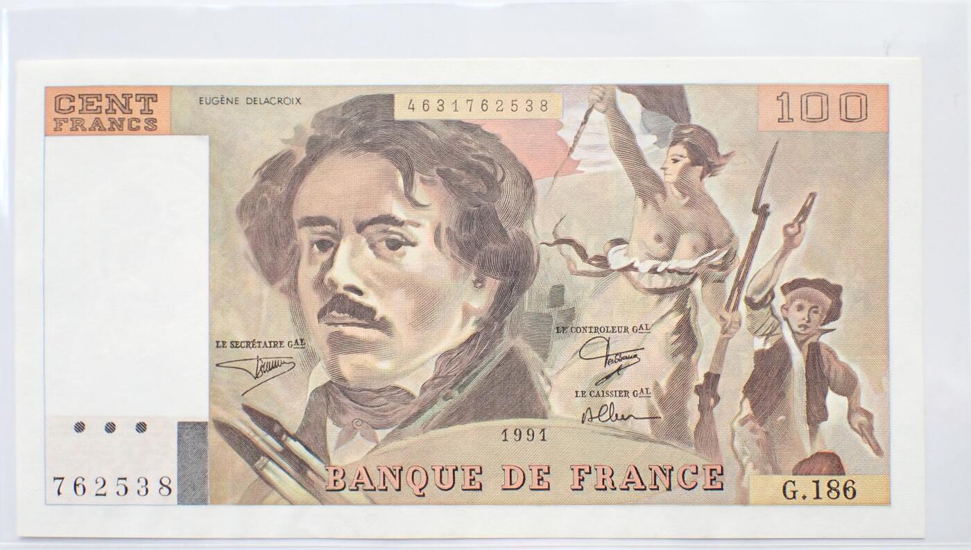 古楚泉社世界钱币专场NO.2 全新法国1991年100法郎纸币-自由引导人民