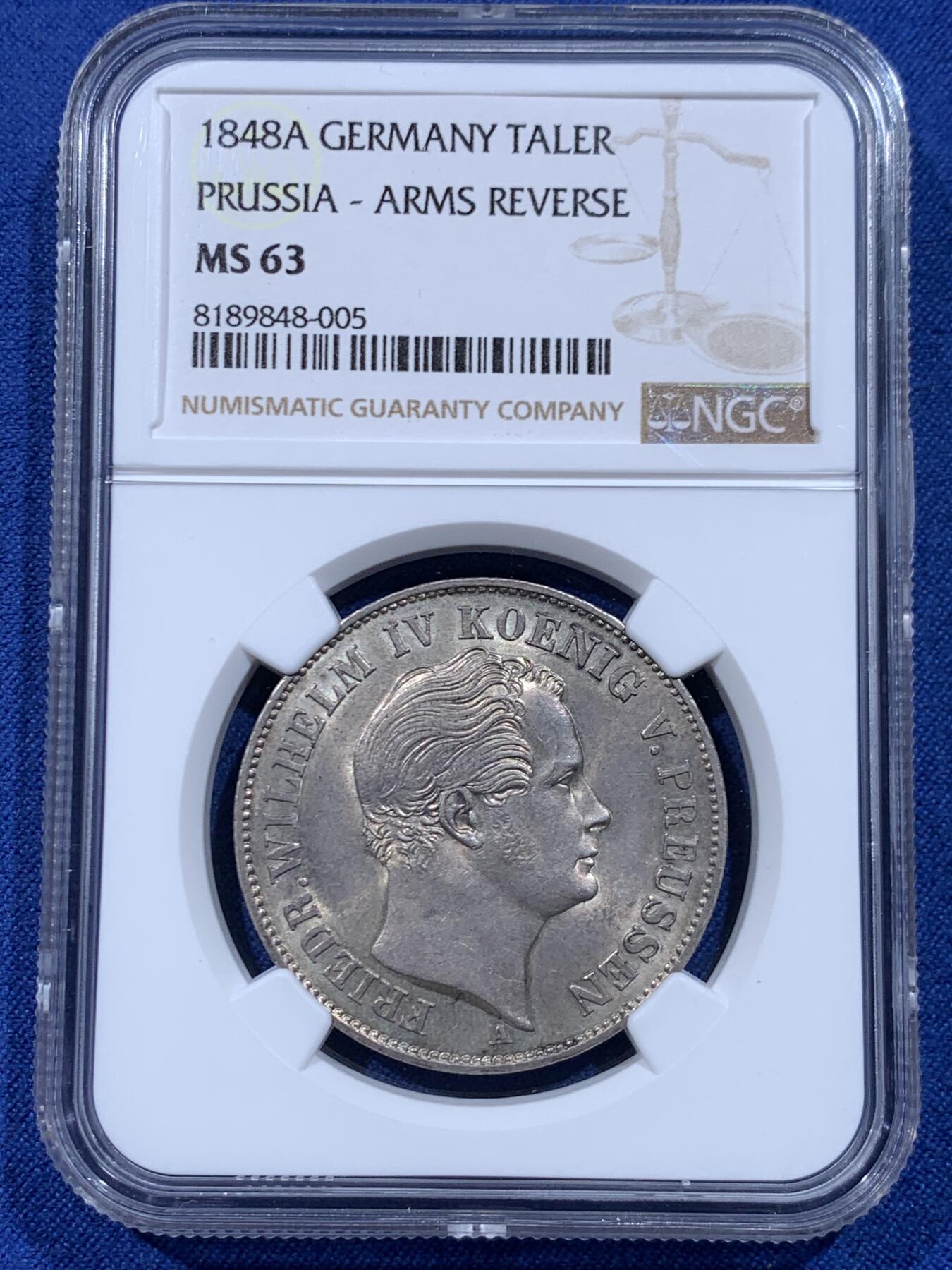《竞宝斋》第446场 周日，周一，2场连拍 （全场包邮） 冠军分 NGC MS63 德国 1848年 普鲁士  腓特烈·威廉四世 泰勒银币 顶级状态