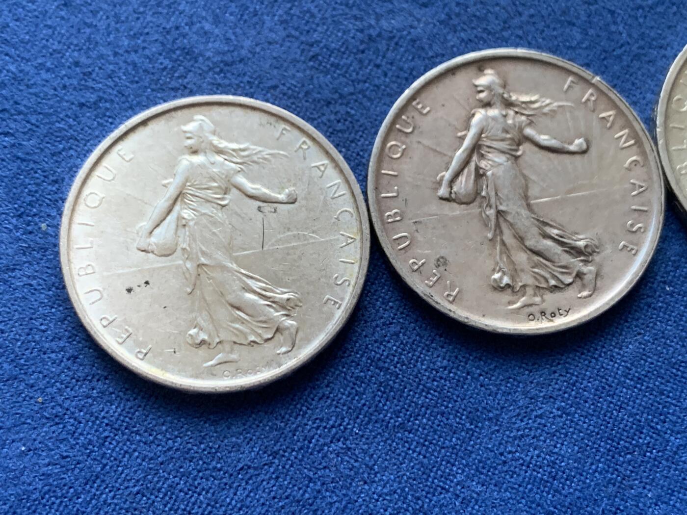 《竞宝斋》第446场 周日，周一，2场连拍 （全场包邮） 三枚一组 法国1960/1962/1963年播种女神5法郎银币 总重约36克