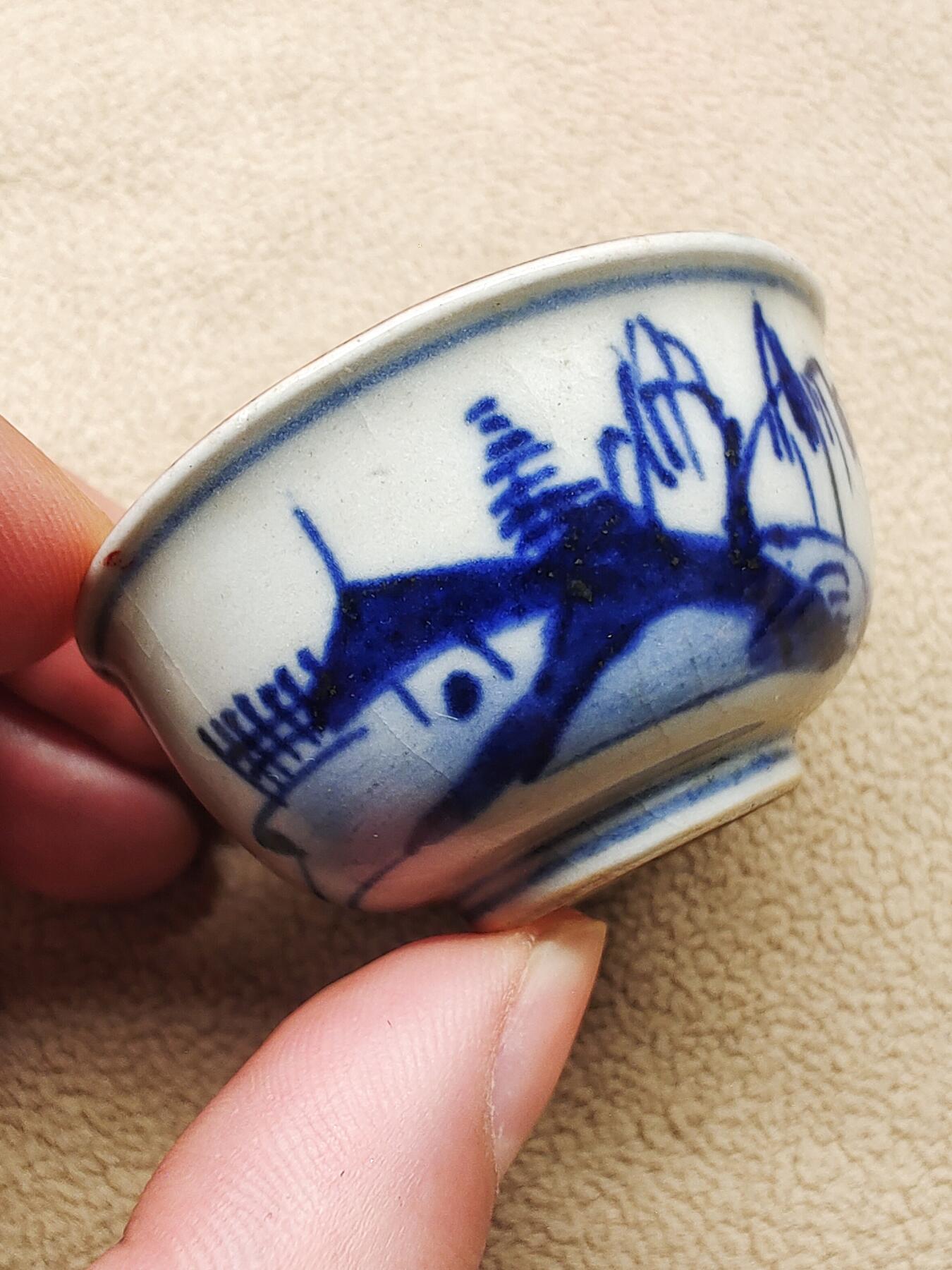 明治时期日本明治老九谷内彩绘梅花 描金竹纹 外青花满绘茶杯 茶碗 茶道具