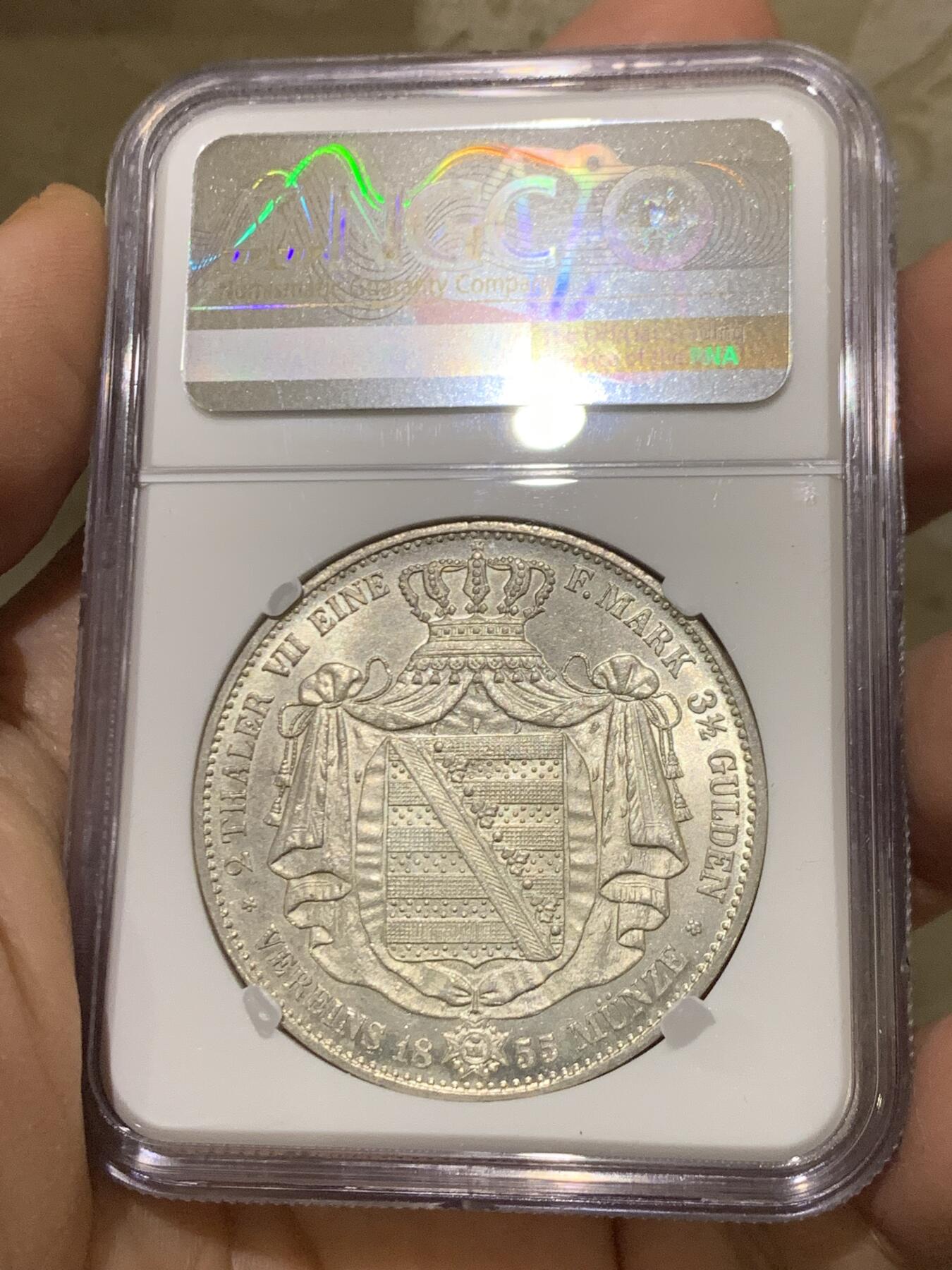 《竞宝斋》第446场 周日，周一，2场连拍 （全场包邮） 季军分 NGC MS62 德国 1855年 萨克森王国 约翰一世 2泰勒37克的大银币 仅发行两年 值得入手 手感十足