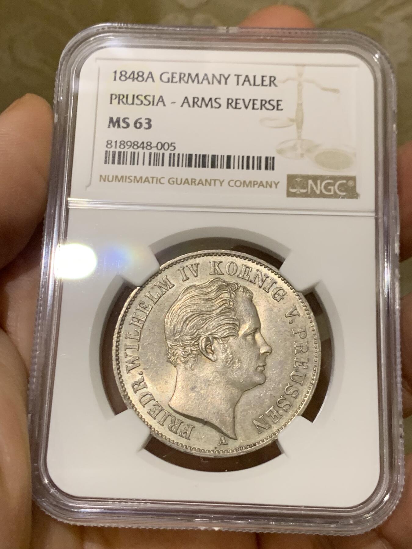 《竞宝斋》第446场 周日，周一，2场连拍 （全场包邮） 冠军分 NGC MS63 德国 1848年 普鲁士  腓特烈·威廉四世 泰勒银币 顶级状态